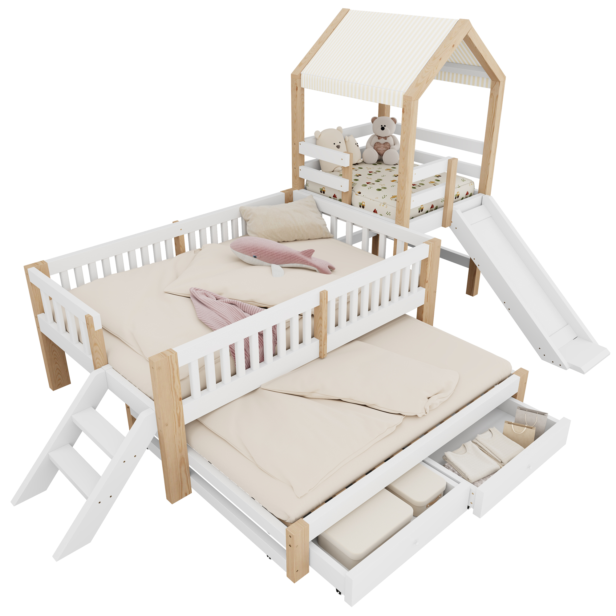 Détails de Lit superposé en bois 90 x 200 cm + 90 x 190 cm avec lit gigogne, tiroirs, rangements et toboggan, Blanc et Naturel