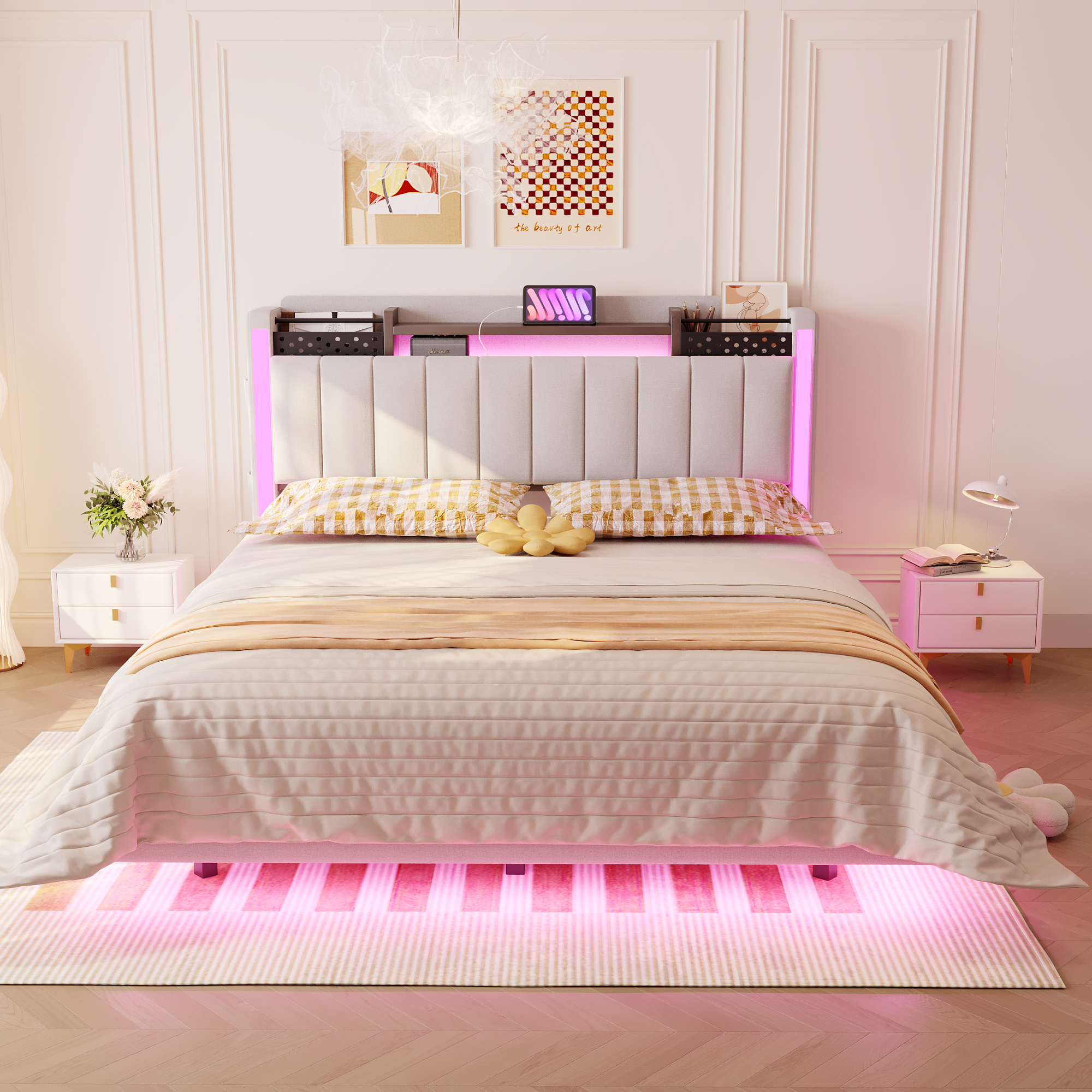 Lit rembourré 140 x 200 cm, éclairage LED à la tête et au pied du lit, prise intégrée, rangements intégrés, lin, métal, contreplaqué et MDF, beige, 222 x 145,5 x 111 cm - vue principale 1