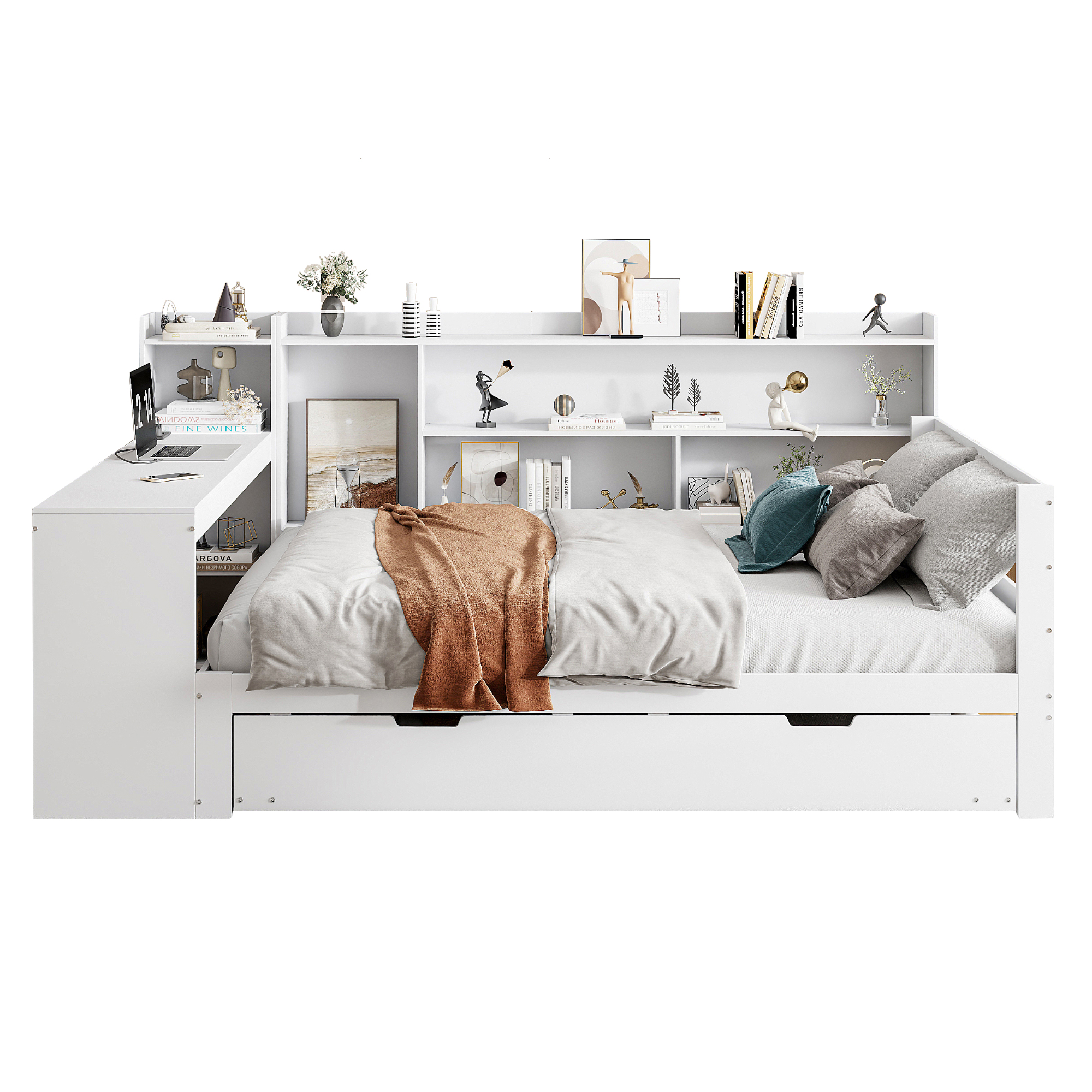 Canapé-lit en bois avec escamotable, étagères, bibliothèques, compartiments, prise + USB, pour salon et chambre, beaucoup de rangement, couchage supplémentaire, recharge au lit, design fonctionnel, stabilité, durabilité - image 9
