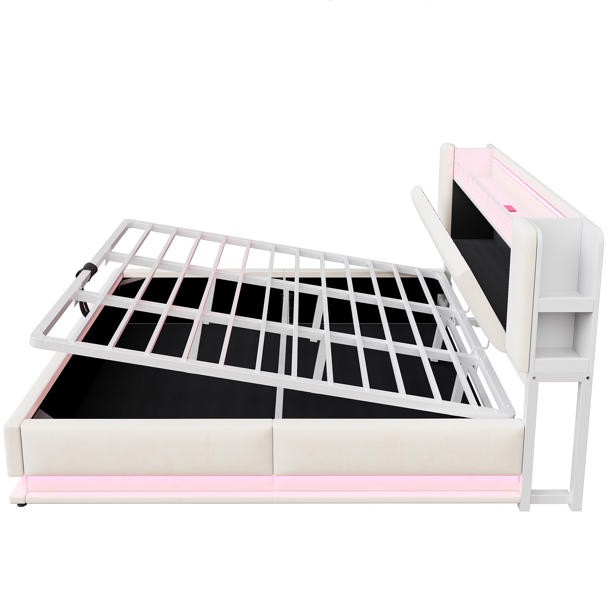 Détails de lit coffre 180x200 cm beige avec rangement hydraulique LED et USB