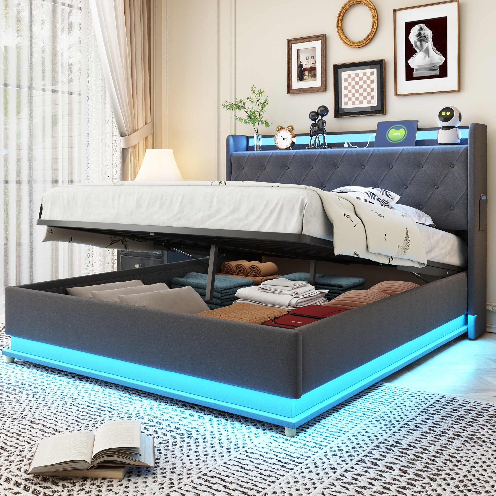 LED Polsterbett 140*200 cm mit USB-Ladeanschluss u