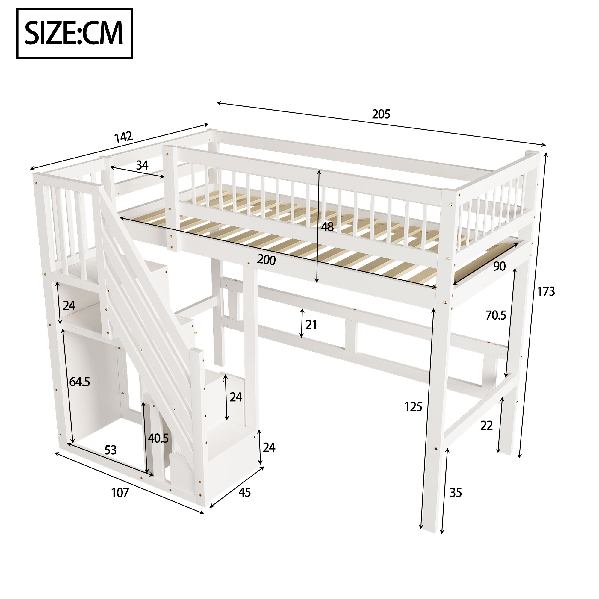 Dimensions lit mezzanine 90x200cm
