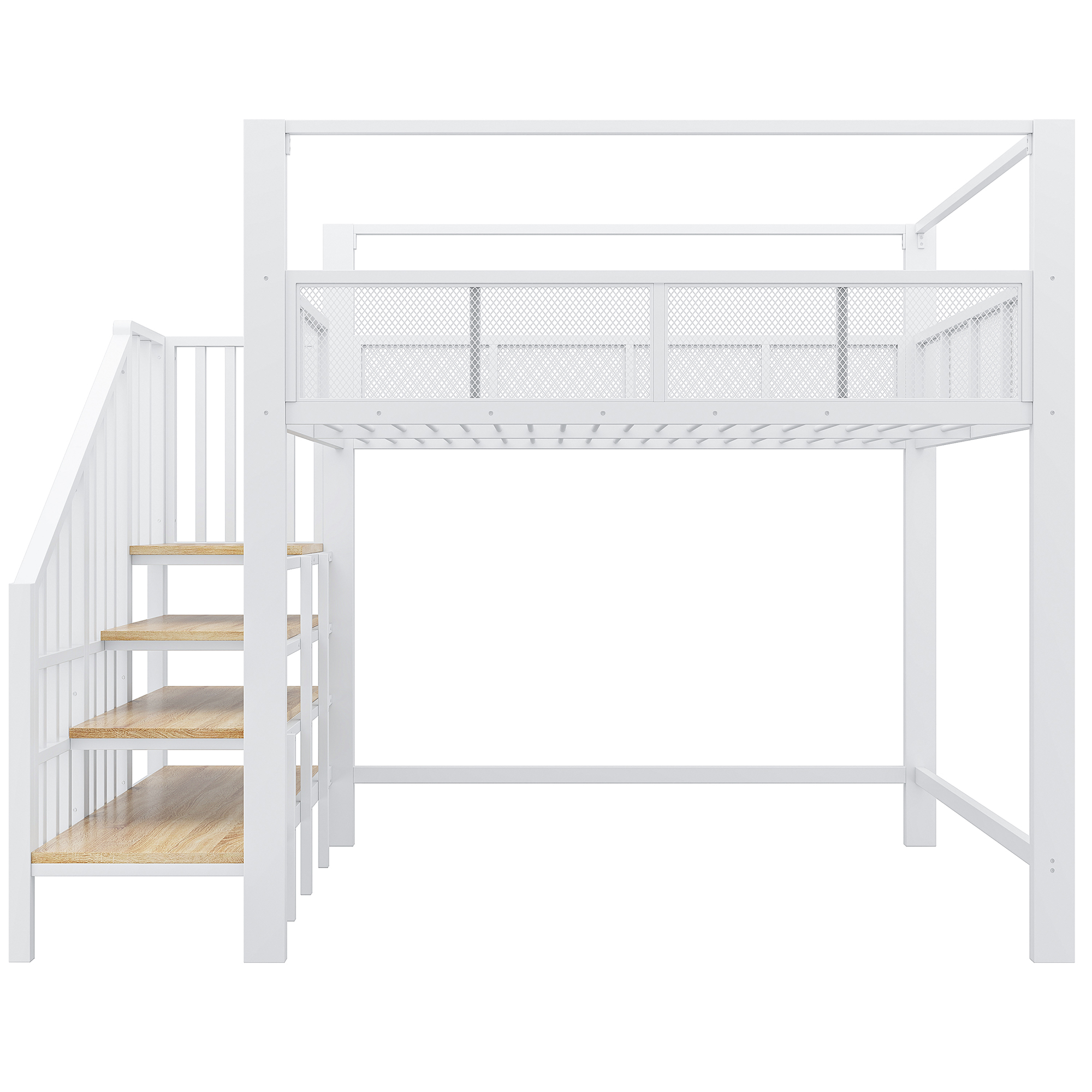 Lit mezzanine 140 x 200 cm, bureau intégré, escalier de rangement, baldaquin, garde-corps, métal, blanc, 252,2 x 145,5 x 193 cm - spécifications 1