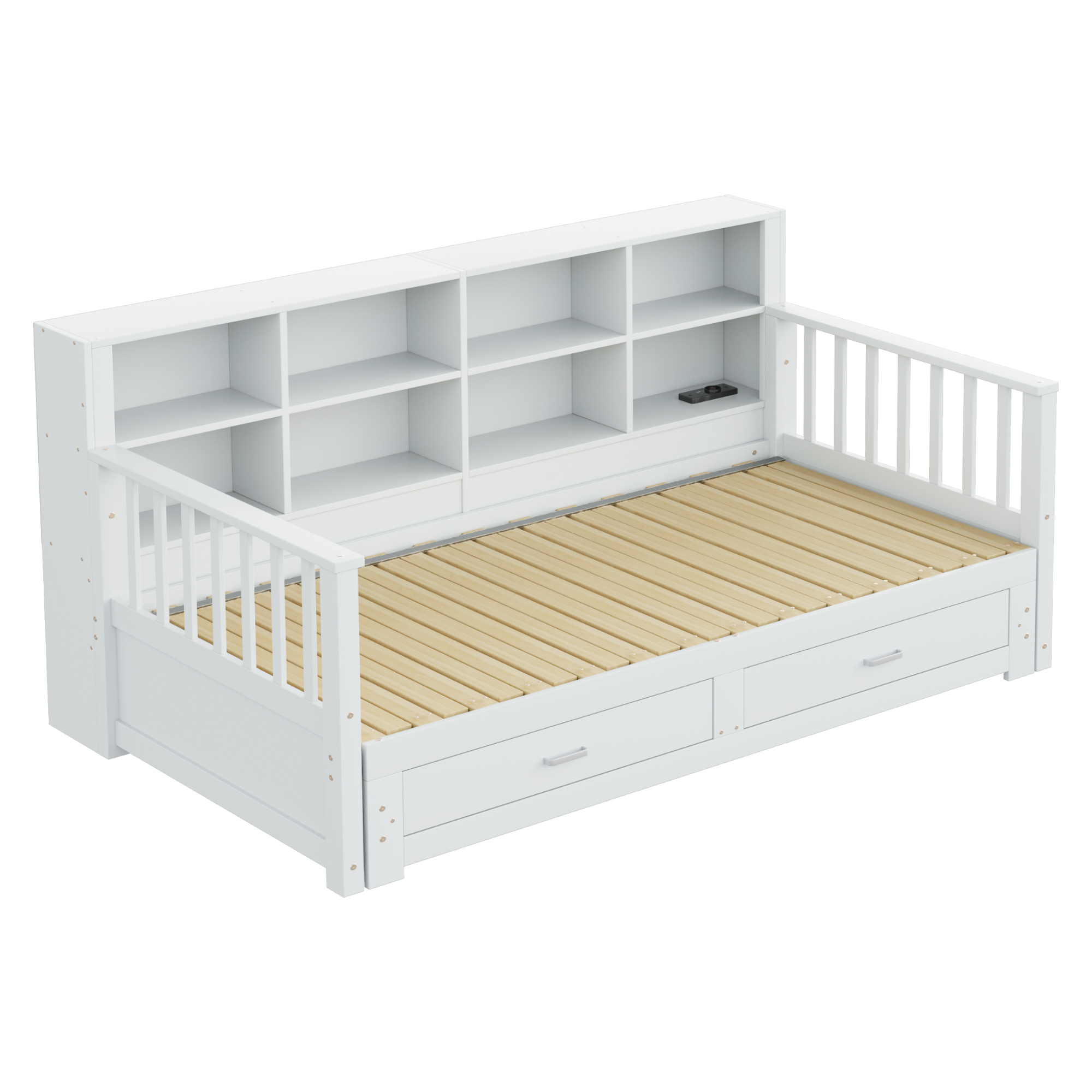 Canapé-lit en bois escamotable 90×190 à 180×190 cm, rangement dossier, prise, tiroir, pour chambre, conversion facile, beaucoup de stockage, recharge au lit, design multifonction, style pratique moderne - image 8