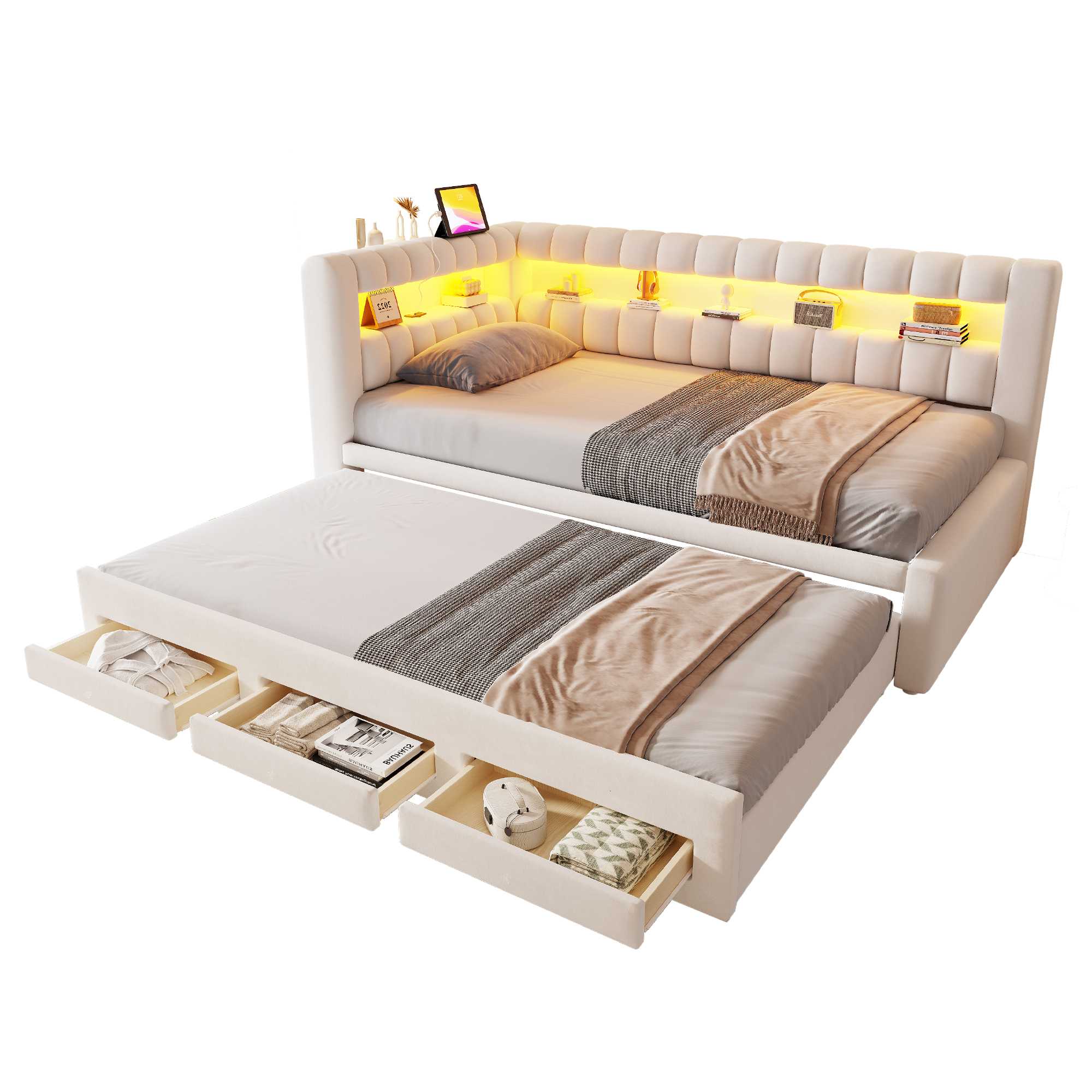 Lit banquette convertible 90x190 cm,en velours,couchage gigogne,éclairage LED,ports USB et Type-C,beige,lit 1 place,lit avec rangement intégré