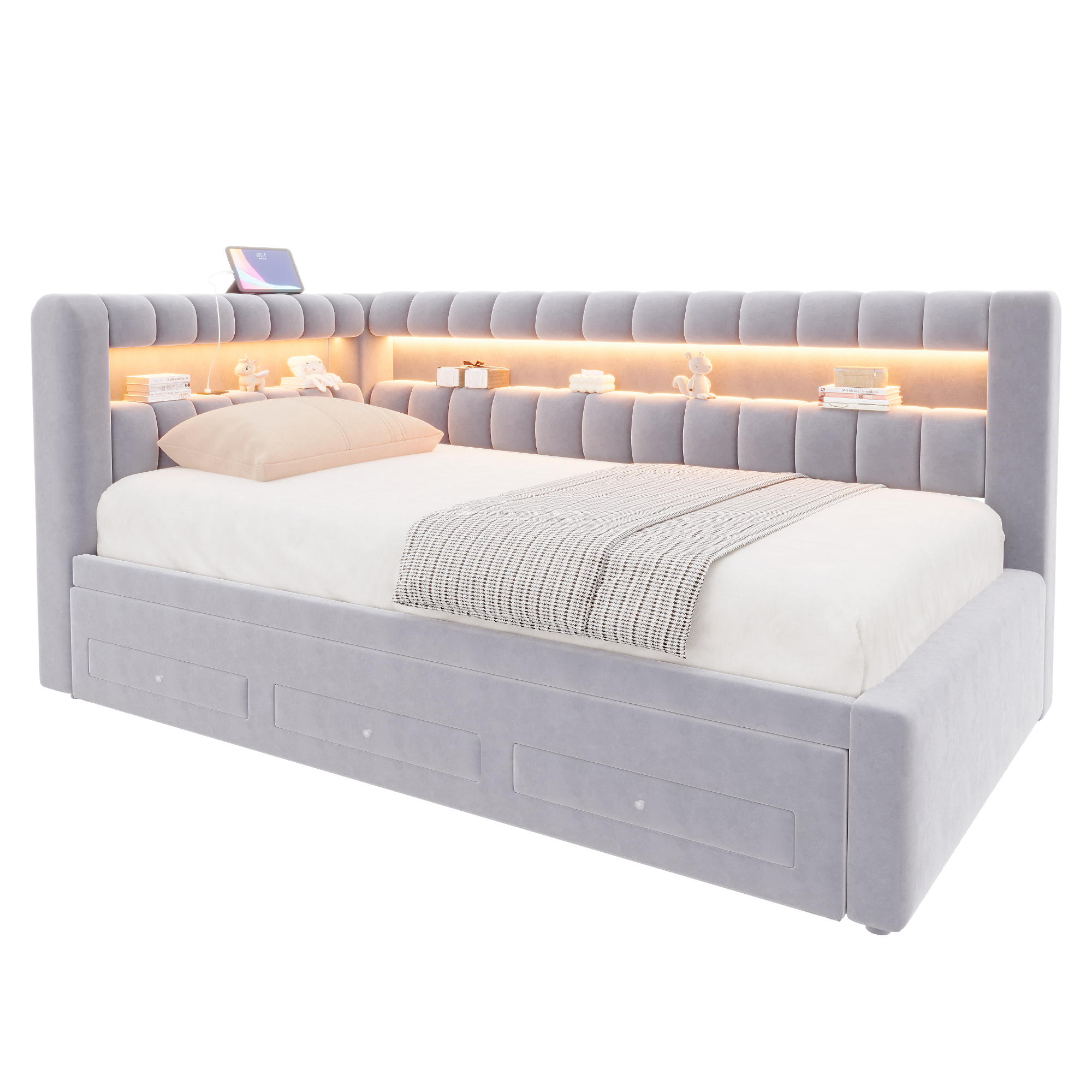 Lit banquette convertible 90x190 cm,en velours,couchage gigogne,éclairage LED,ports USB et Type-C,gris clair et gris,lit 1 place,lit avec rangement intégré