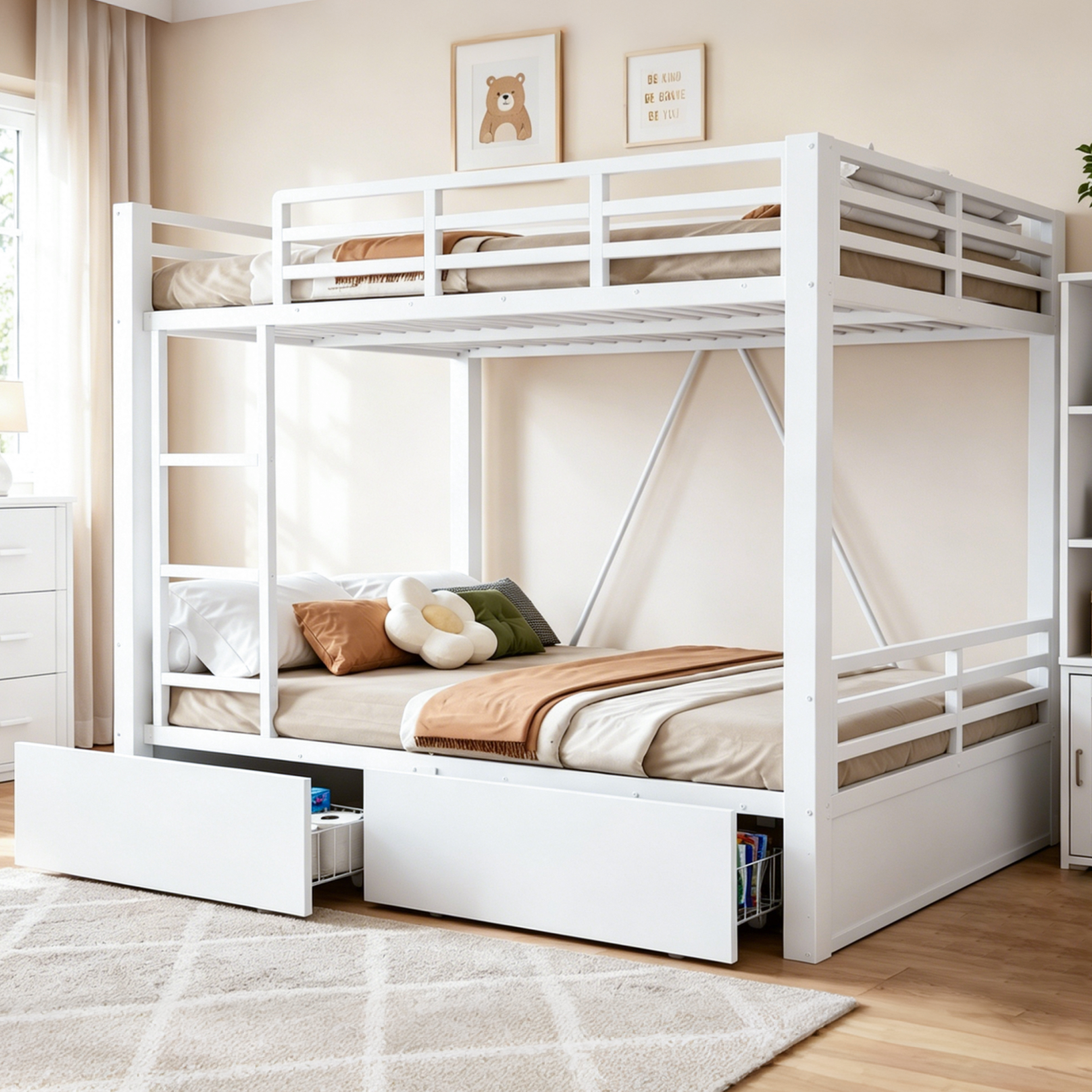 Lit superposé gain de place 204x148x164 cm en métal + bois Blanc - vue principale 1