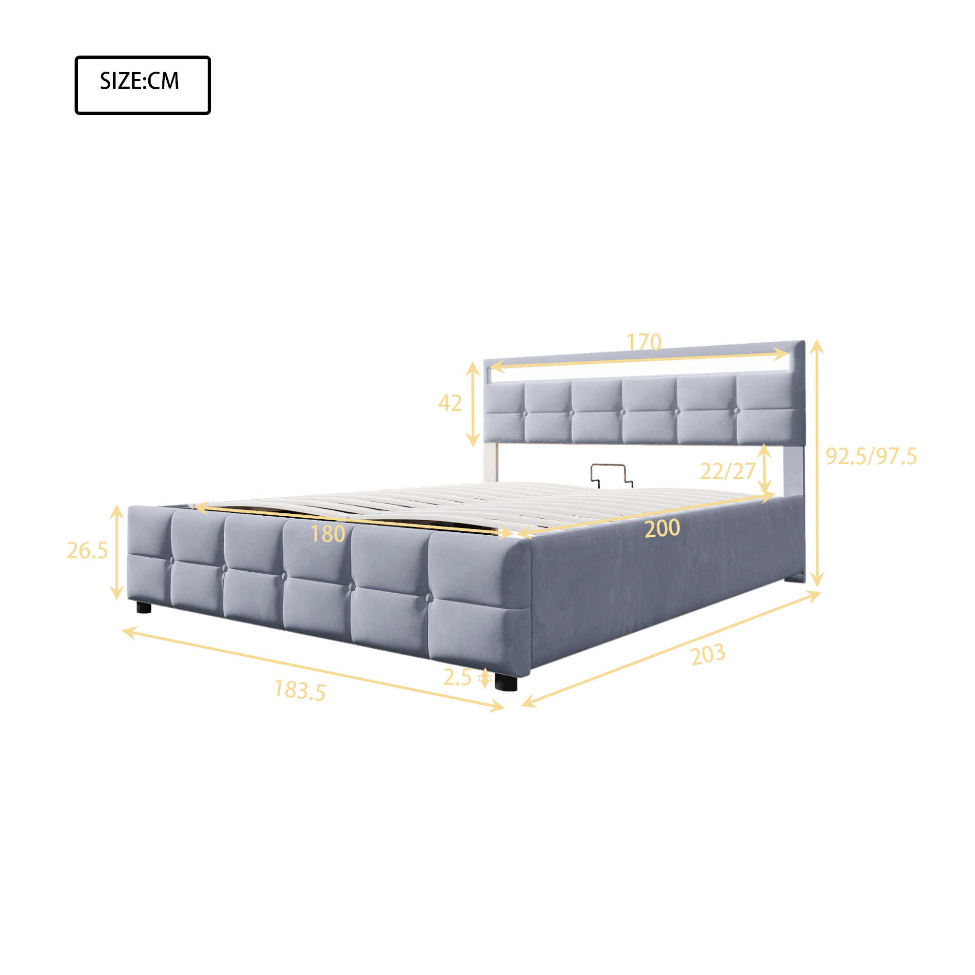Polsterbett 180*200cm, LED-Leuchten, Lattenrost, h