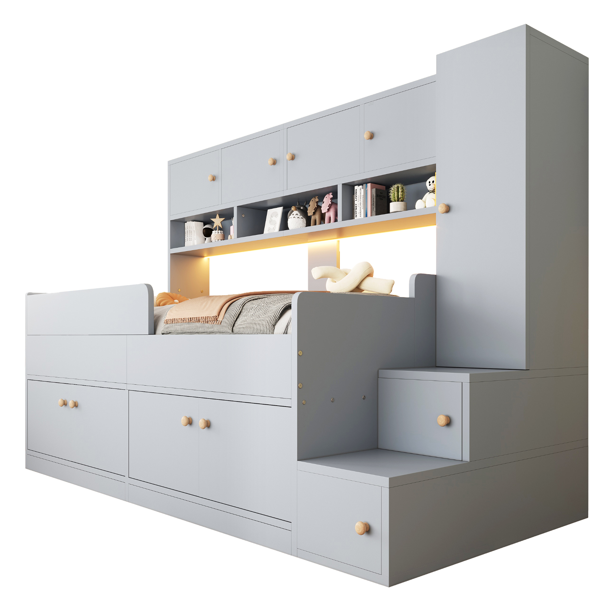 Lit enfant 90 x 200 cm avec bureau, échelle, LED, penderie, bois, Gris - fonctions