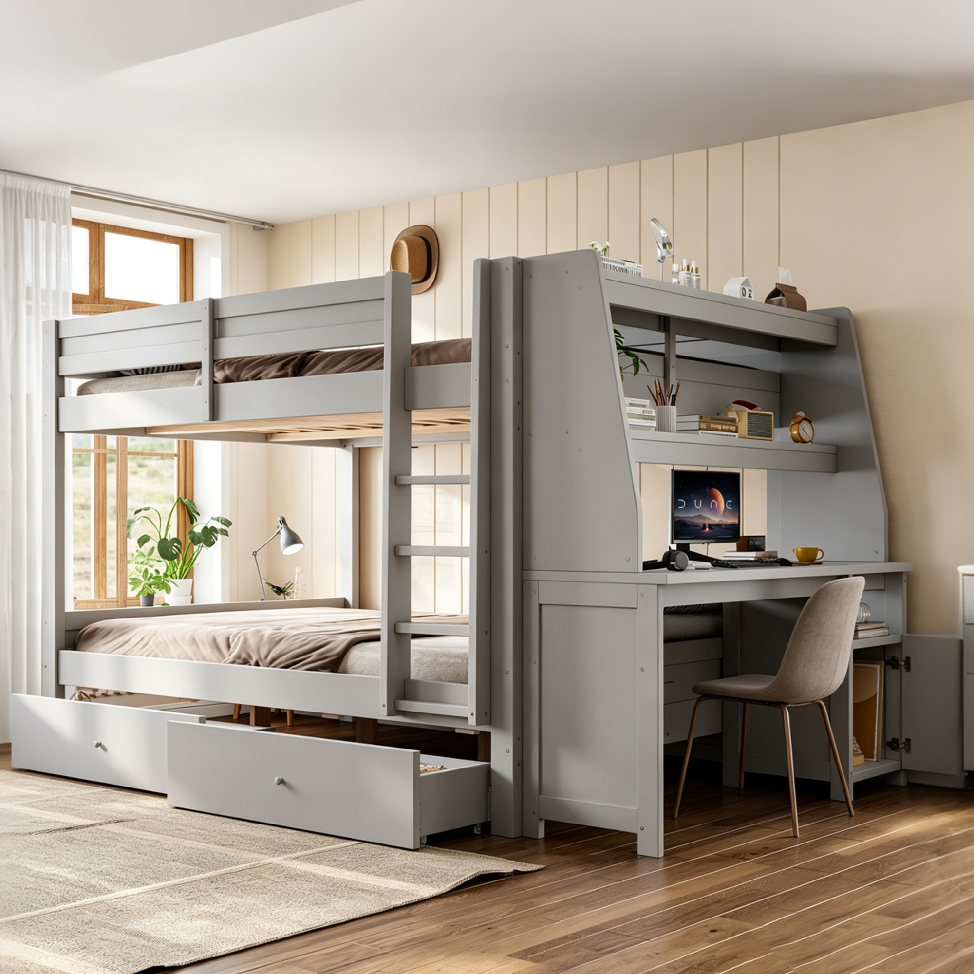 Lit mezzanine en bois 140 x 200 cm avec bureau, tiroirs, rangements et barrières de sécurité, Gris