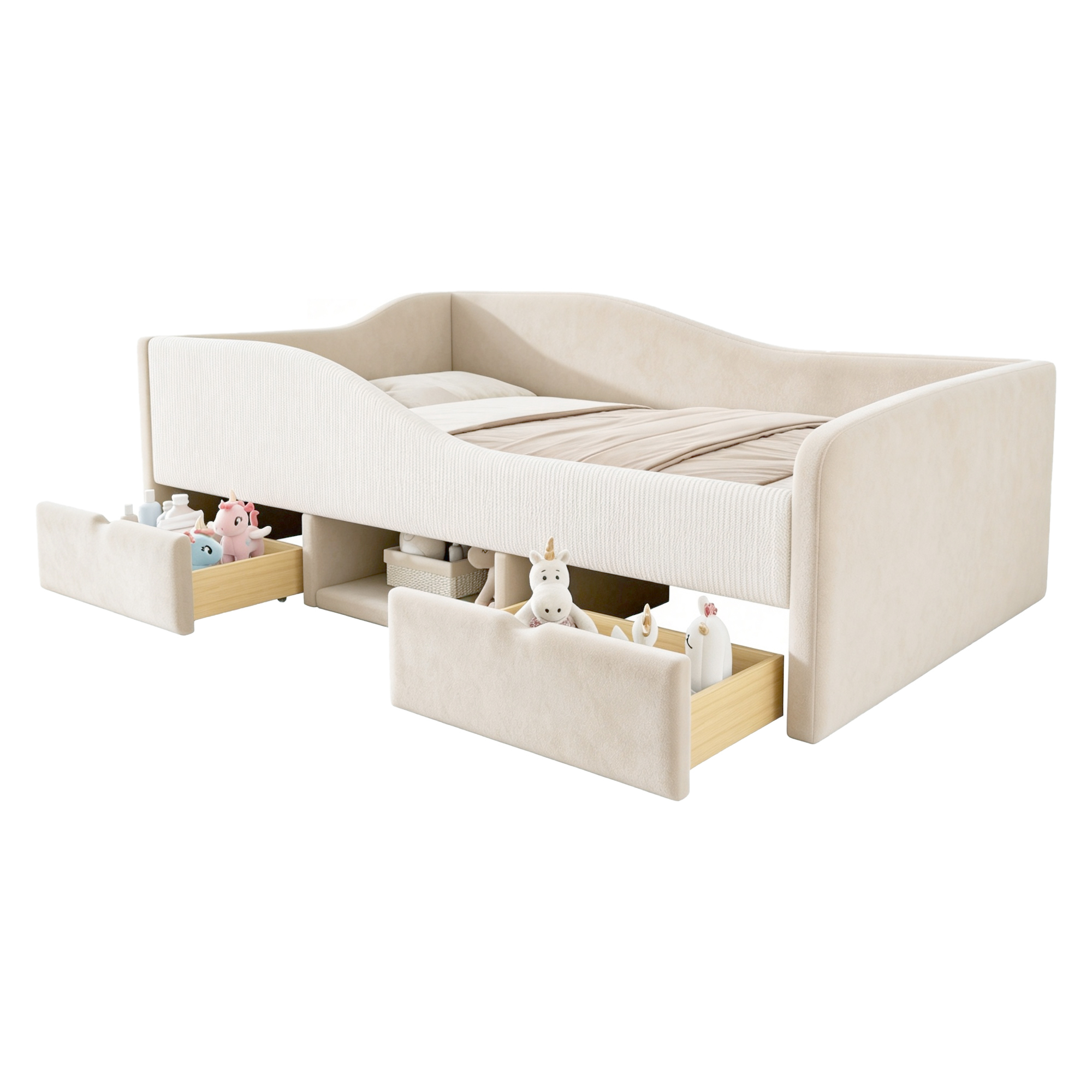 Détails de Lit rembourré en velours 90 x 190 cm avec tiroirs et sommier à lattes, Beige, sans matelas
