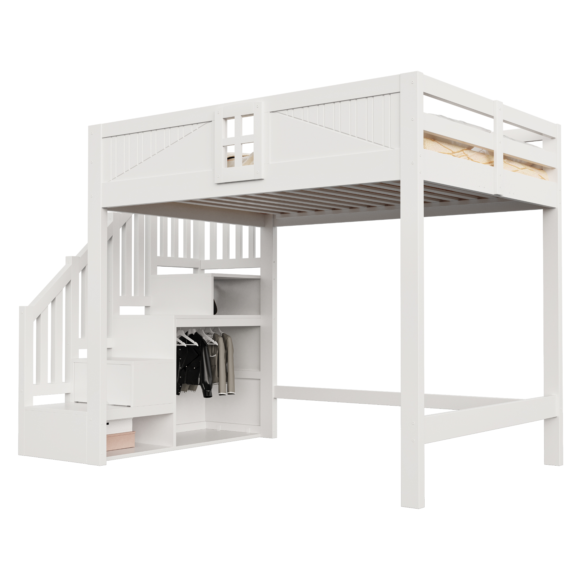 Lit mezzanine 140 x 200 cm avec bureau, échelle, LED, bois, Blanc - fonctions