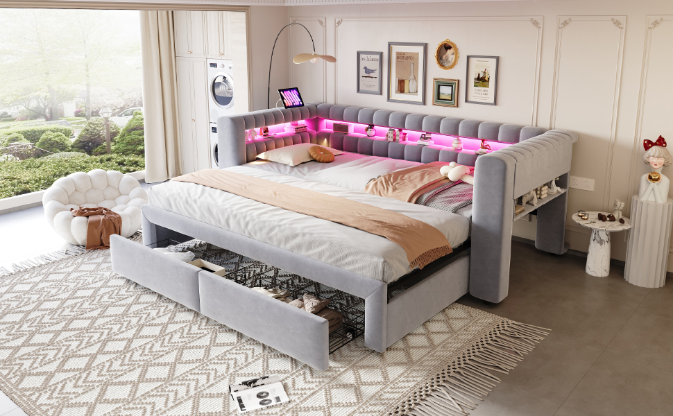 Lit rembourré, ports USB, extensible, avec tiroirs, éclairage led, 210 x 109 x 80 cm, velours et tissu, gris clair - vue 7
