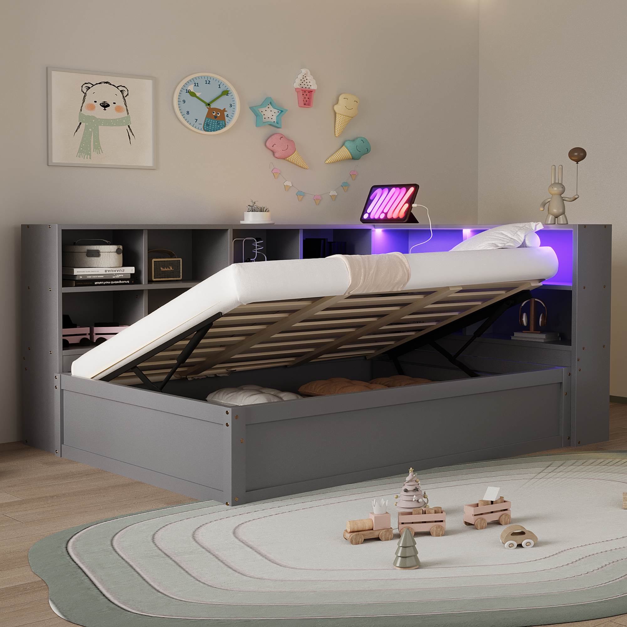 Lit simple en bois massif, prise multifonction intégrée, rangements multiples, bande LED contrôlable par smartphone/télécommande, pour chambre, recharge appareils, beaucoup de stockage, ambiance personnalisée, design moderne - image 11