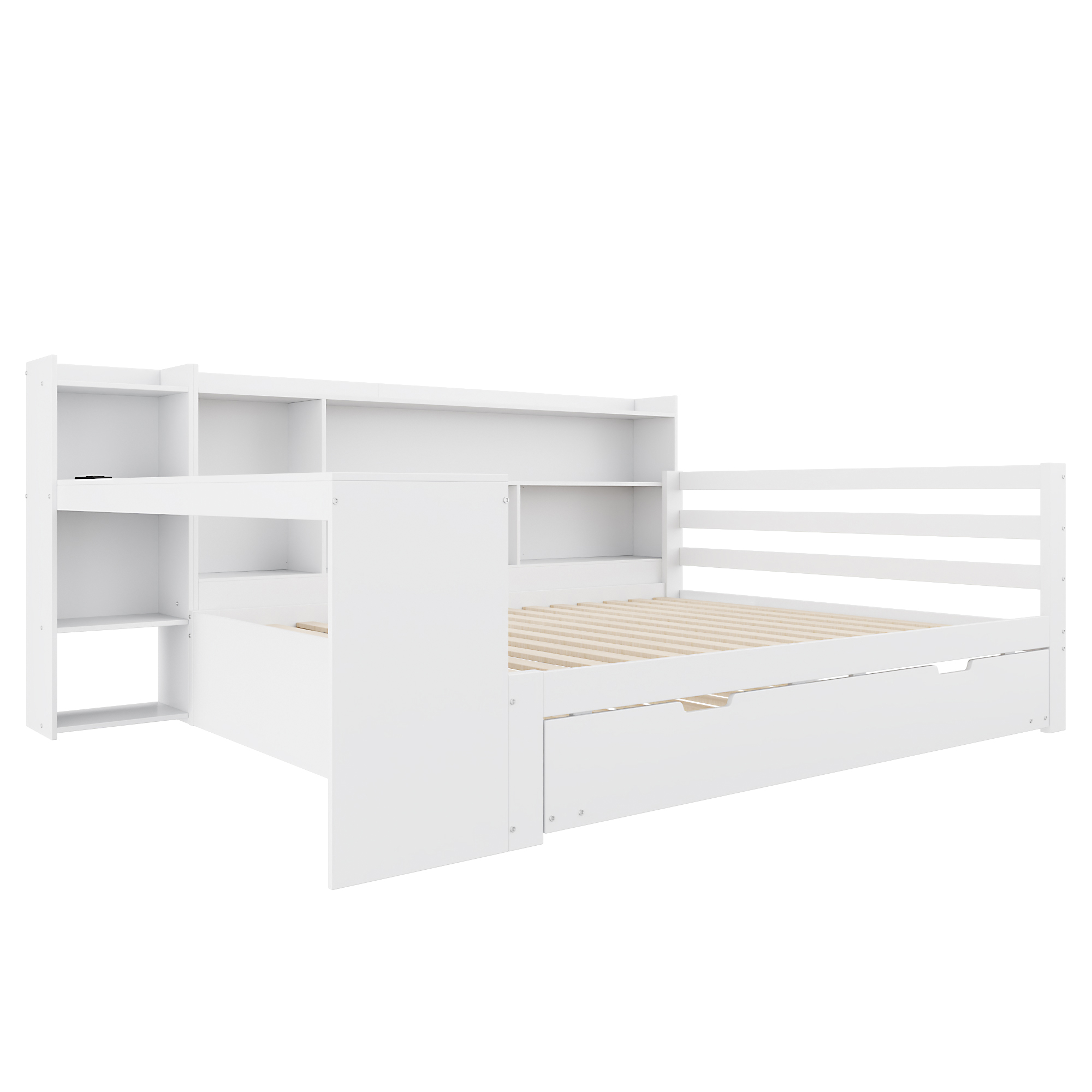Canapé-lit en bois avec escamotable, étagères, bibliothèques, compartiments, prise + USB, pour salon et chambre, beaucoup de rangement, couchage supplémentaire, recharge au lit, design fonctionnel, stabilité, durabilité - image 17