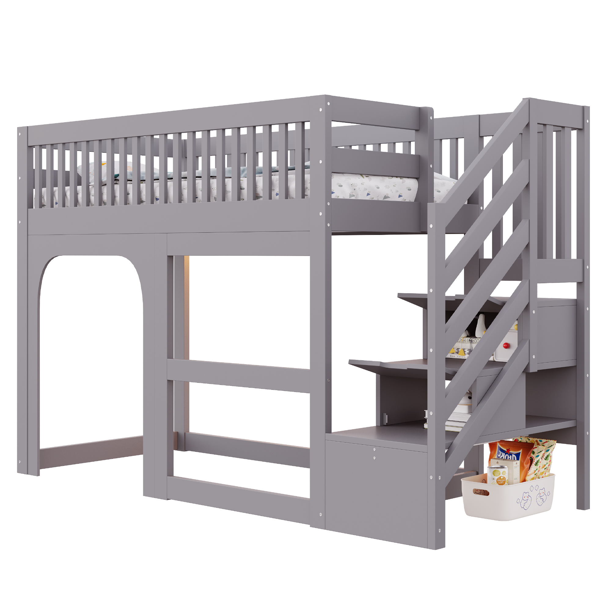 Détails de Lit mezzanine en bois 90 x 200 cm avec éclairage LED, rangements et barrières de sécurité, Gris