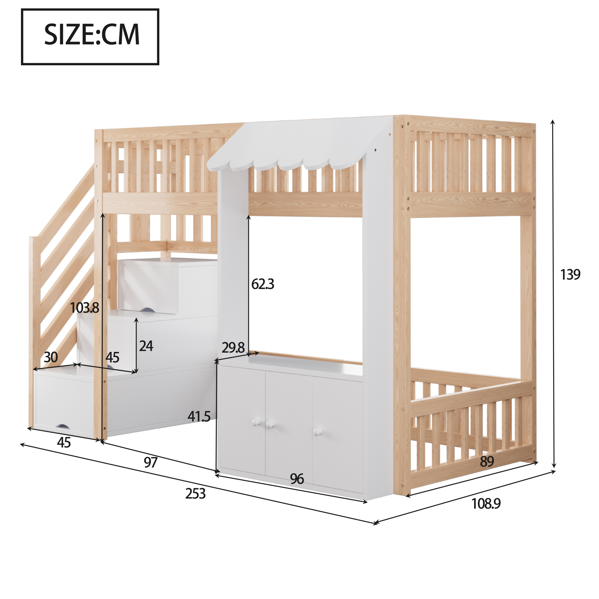 Lit mezzanine 90 x 200 cm, escalier de rangement, baldaquin, éclairage LED sous le couchage, espace sous le lit aménageable, bois de pin, effet bois naturel, 253 x 108,9 x 139 cm - vue complémentaire 1
