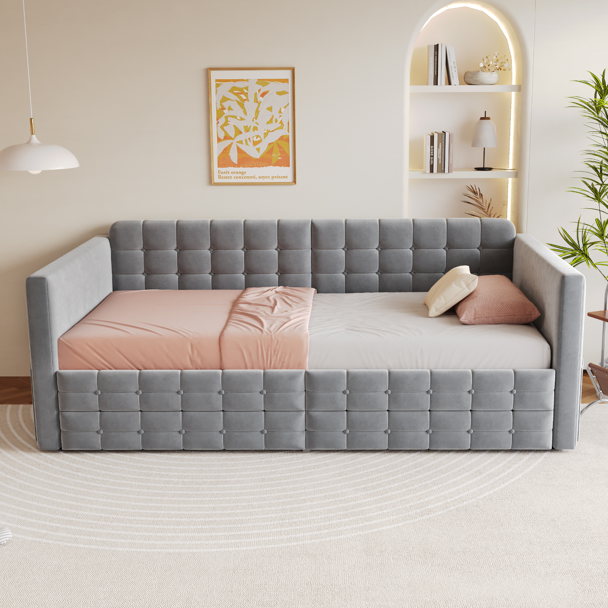 Lit banquette rembourré 90 x 190 cm, 2 tiroirs, velours, gris, 202,4 x 99 x 78,5 cm - présentation 1
