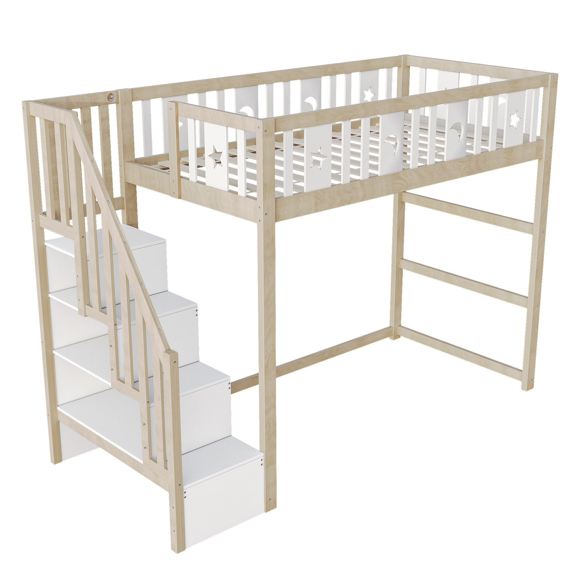 Lit mezzanine enfant 90 x 200 cm en bois massif avec escalier de rangement, détails étoile et lune, bois naturel et blanc en situation
