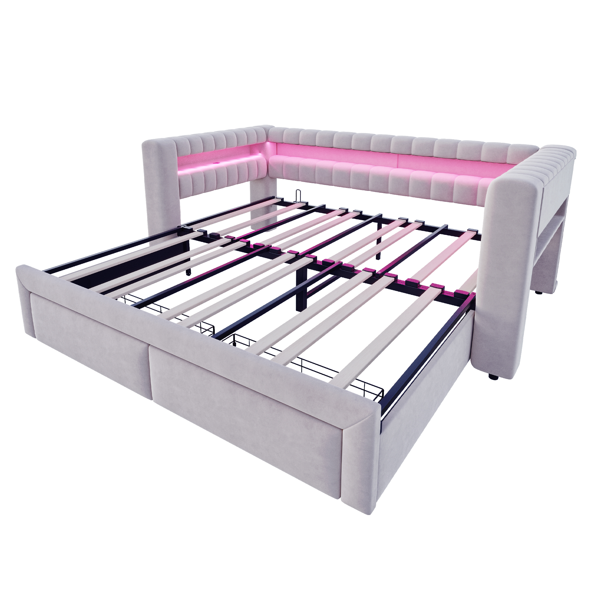 Lit banquette convertible 90x190 cm extensible à 180x190 cm,en velours,couchage gigogne,éclairage LED,ports USB et Type-C,gris clair et gris,lit 1 place,lit avec rangement intégré