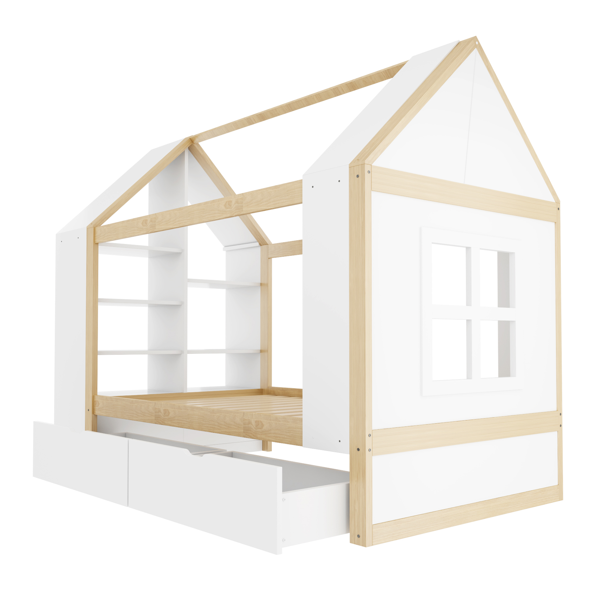 Lit cabane enfant 90 x 200 cm, 2 tiroirs, éclairage LED latéral, bois massif et MDF, blanc et effet bois naturel, 235 x 95 x 154,5 cm 🏠 - spécifications 1