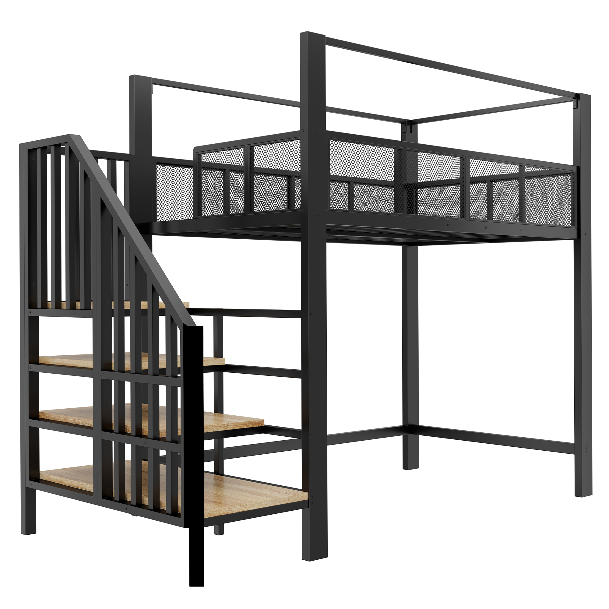 Lit mezzanine 90 x 200 cm, bureau intégré, escalier de rangement, baldaquin, garde-corps, métal, noir, 252,2 x 95,5 x 193 cm - spécifications 1
