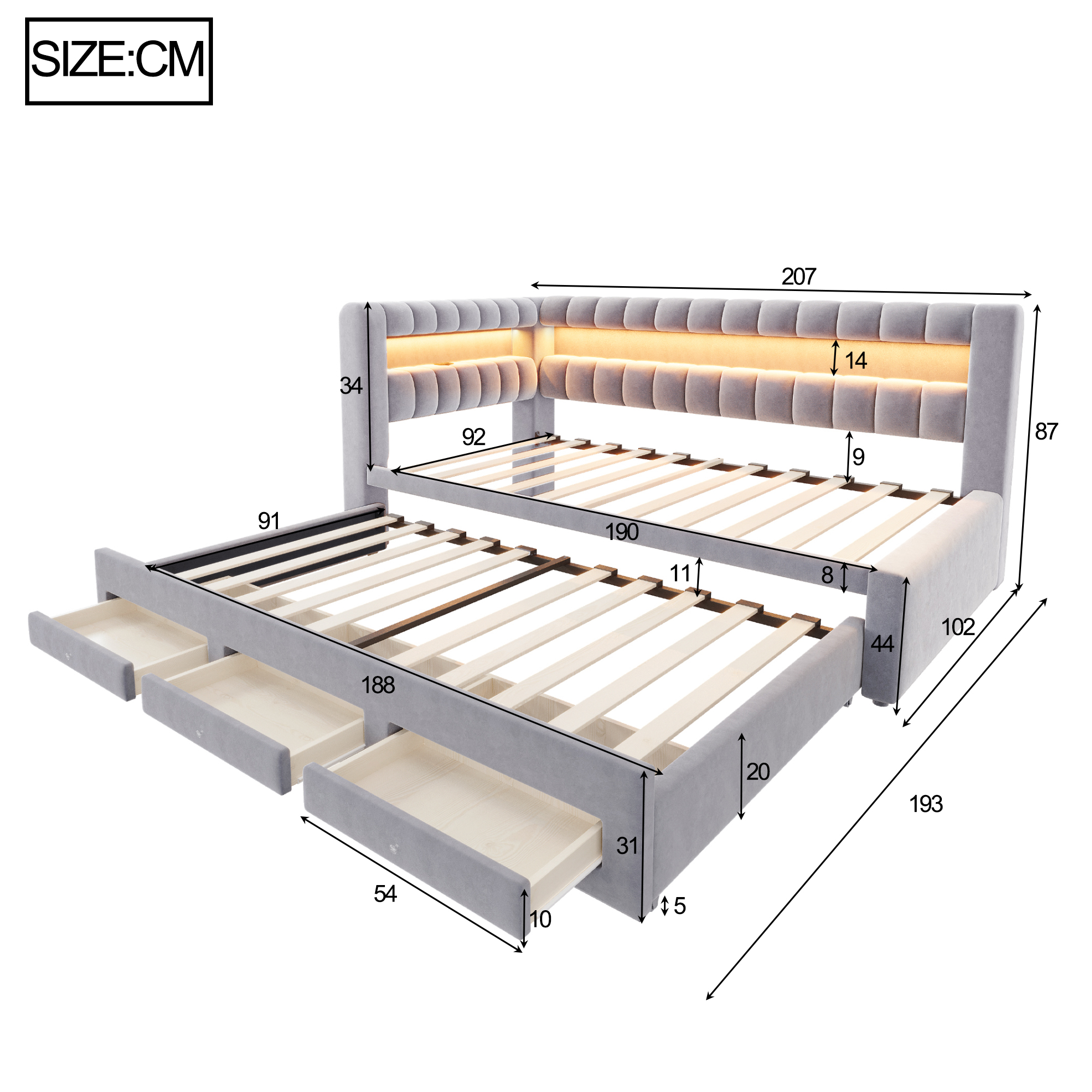 Lit banquette convertible 90x190 cm,en velours,couchage gigogne,éclairage LED,ports USB et Type-C,gris clair et gris,lit 1 place,lit avec rangement intégré