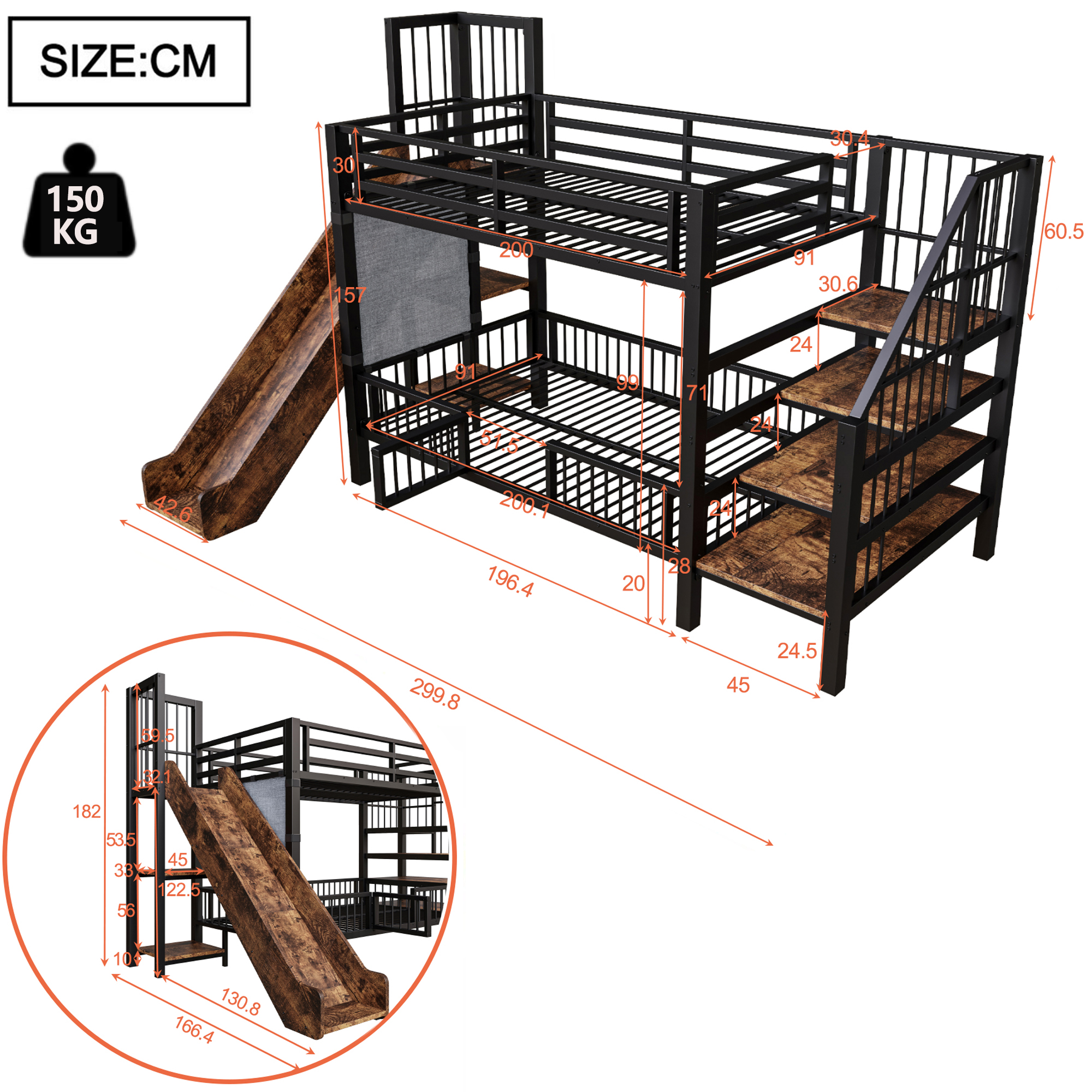 Lit mezzanine enfant en métal avec toboggan, escalier de rangement et barrières de sécurité noir vue détaillée