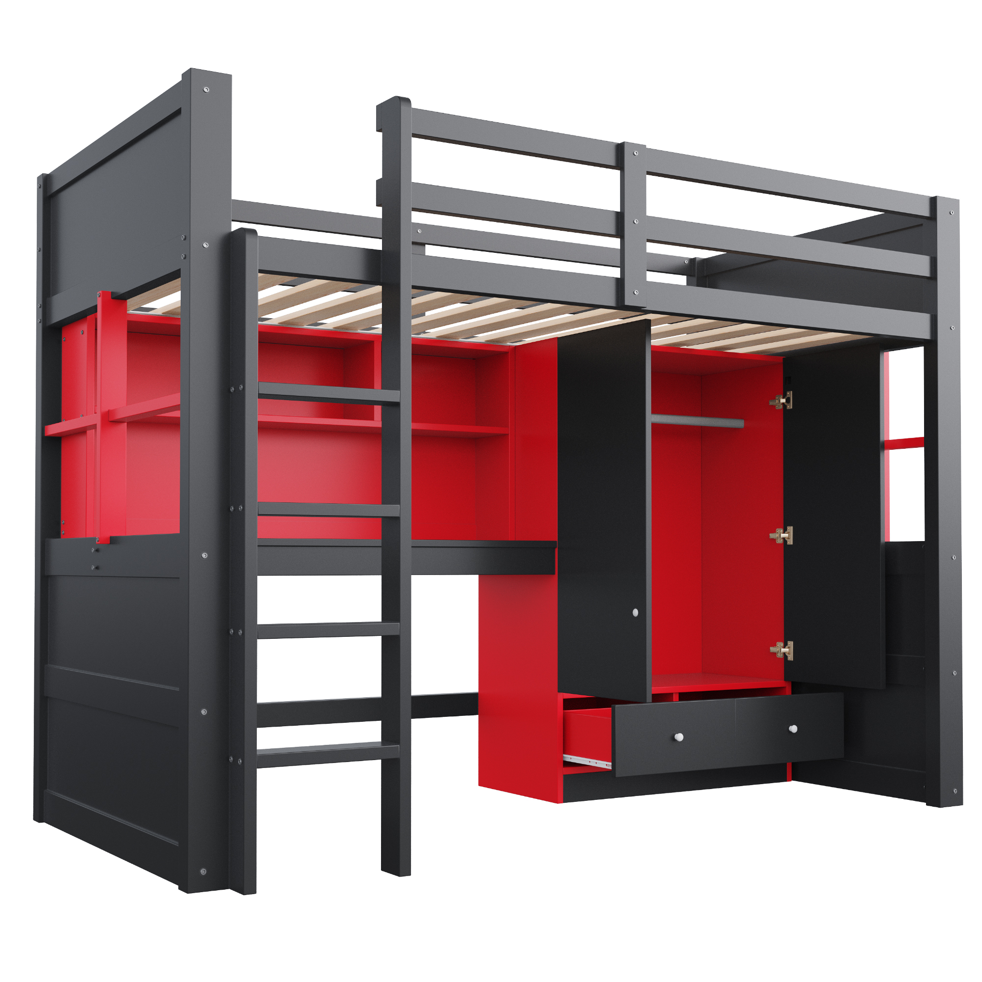 Lit mezzanine 90x200 cm avec LED, bureau, armoire et rangements, bois Noir + Rouge - points forts 1