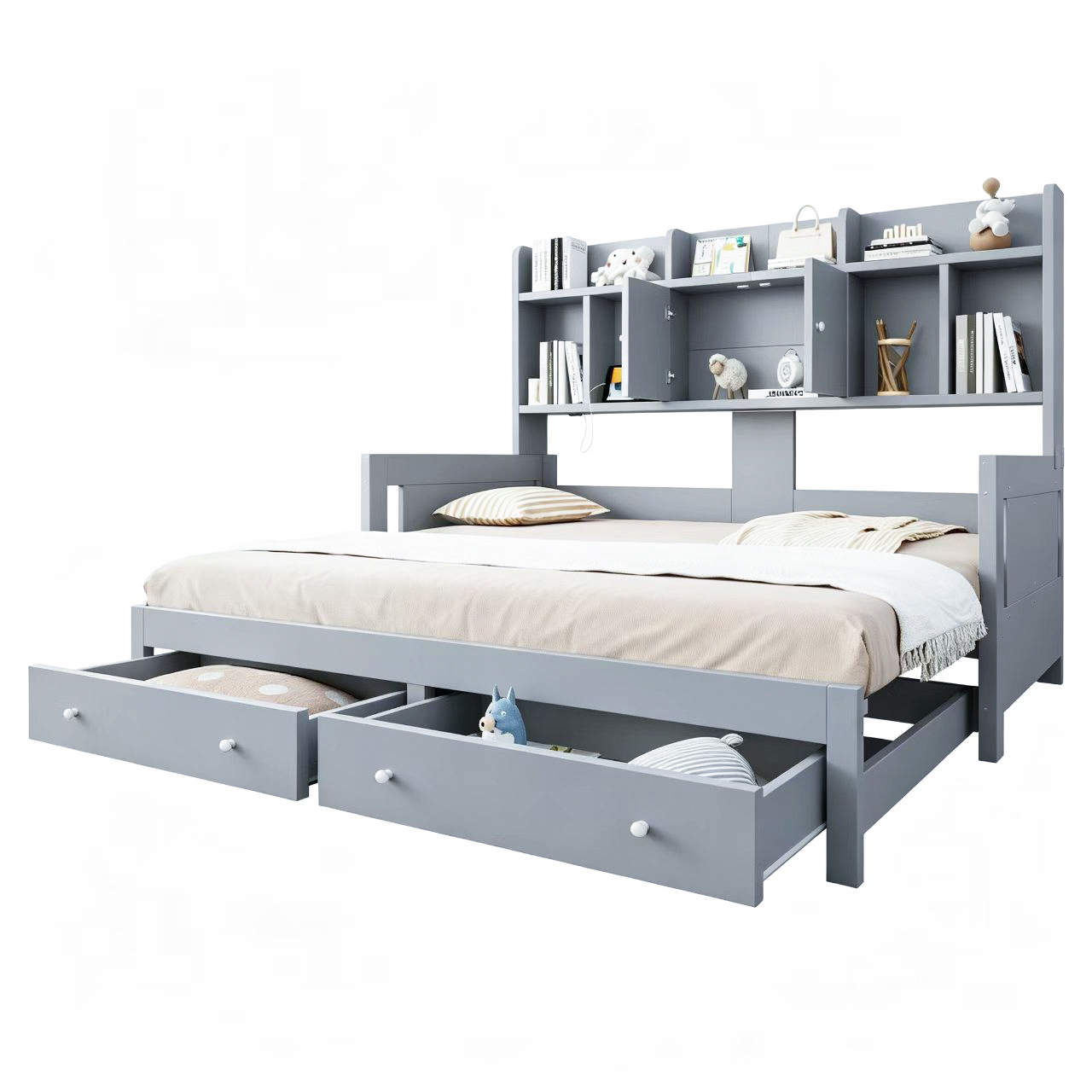 Lit banquette / lit gigogne 90 x 190 cm avec éclairage LED, prises intégrées, rangements intégrés, fonction extensible, gris - points forts 1