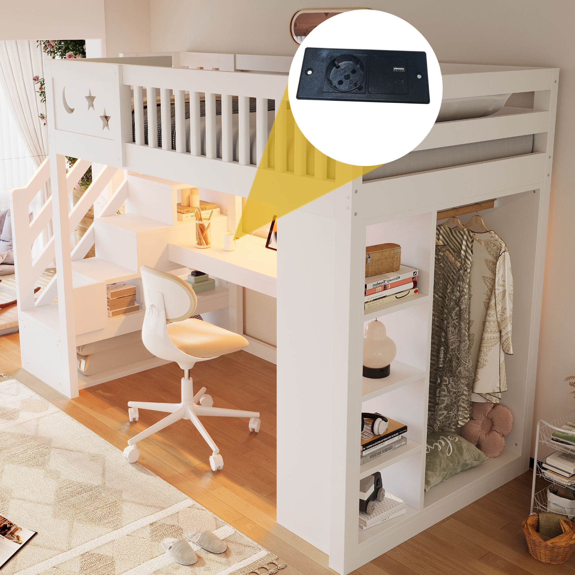 Bureau et rangement intégrés sous le lit mezzanine