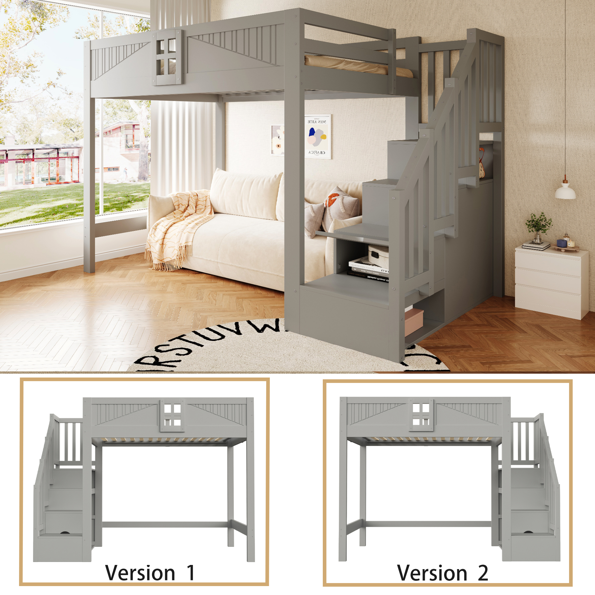 Lit mezzanine 140 x 200 cm avec bureau, échelle, LED, bois, Gris - vue complémentaire