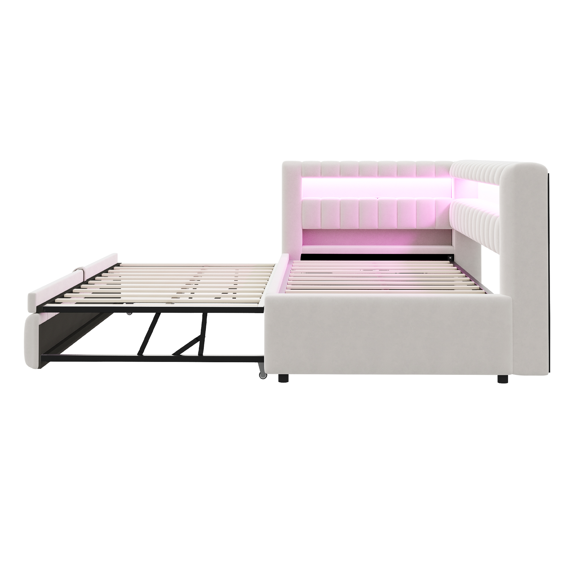 Lit banquette convertible 90x200 cm,en velours,couchage gigogne,éclairage LED,ports USB et Type-C,beige,lit 1 place,lit avec rangement intégré