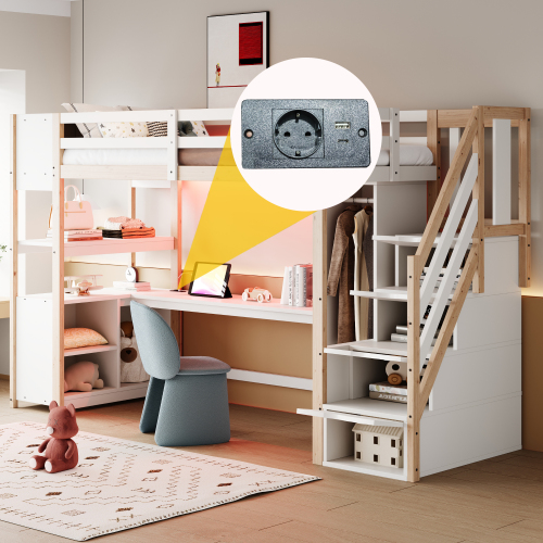 Bureau intégré avec prises sous le lit mezzanine