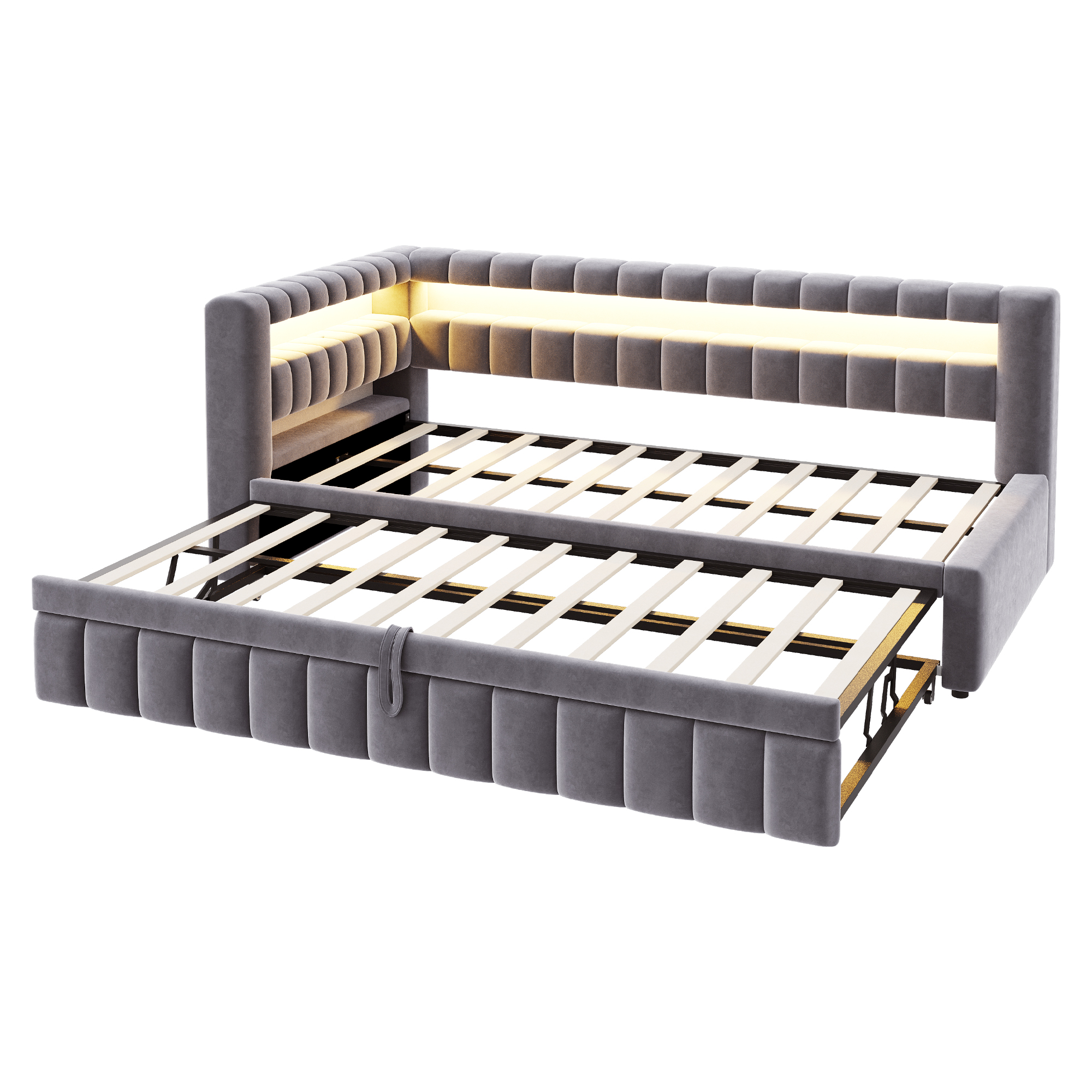 Lit banquette convertible 90x200 cm,en velours,couchage gigogne,éclairage LED,ports USB et Type-C,gris,lit 1 place,lit avec rangement intégré