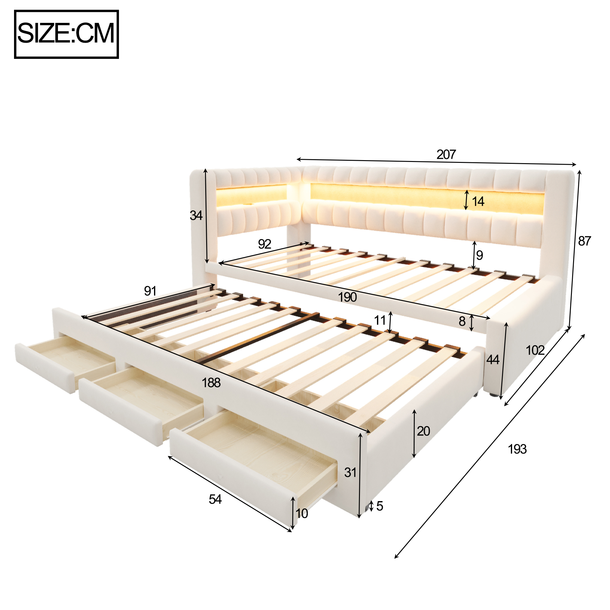 Lit banquette convertible 90x190 cm,en velours,couchage gigogne,éclairage LED,ports USB et Type-C,beige,lit 1 place,lit avec rangement intégré