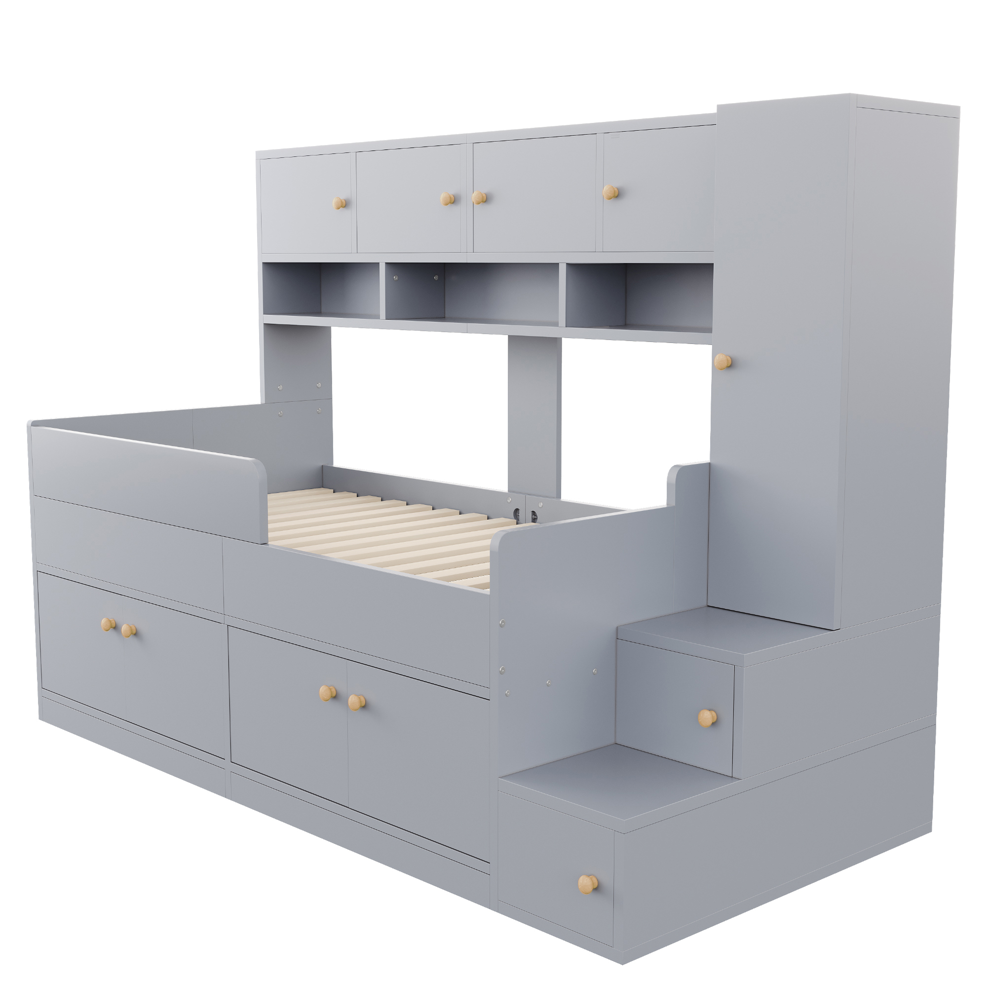 Lit enfant 90 x 200 cm avec bureau, échelle, LED, penderie, bois, Gris - dimensions et détails