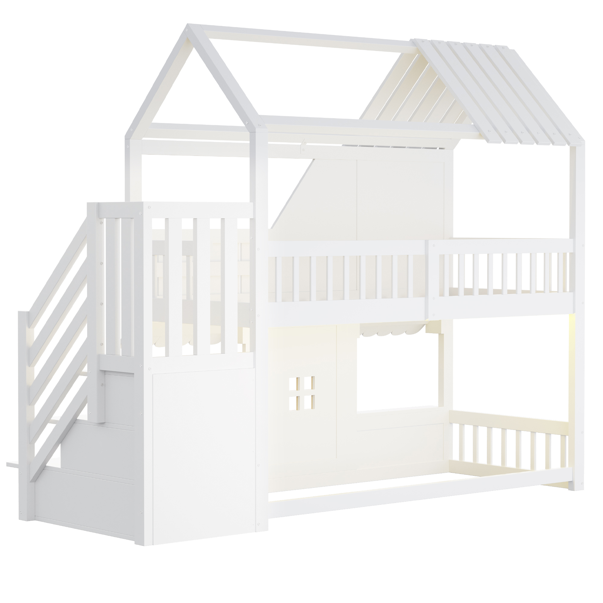 Lit superposé 90 x 200 cm avec échelle avec rangement, LED, rangements, bois, Blanc - vue complémentaire