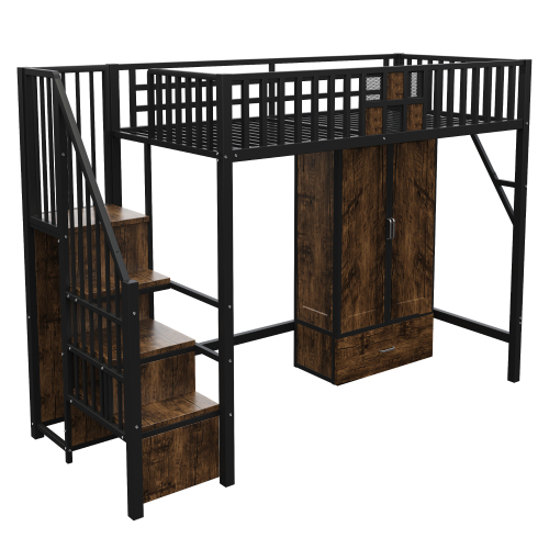 Lit mezzanine noir avec armoire et rangements effet bois foncé