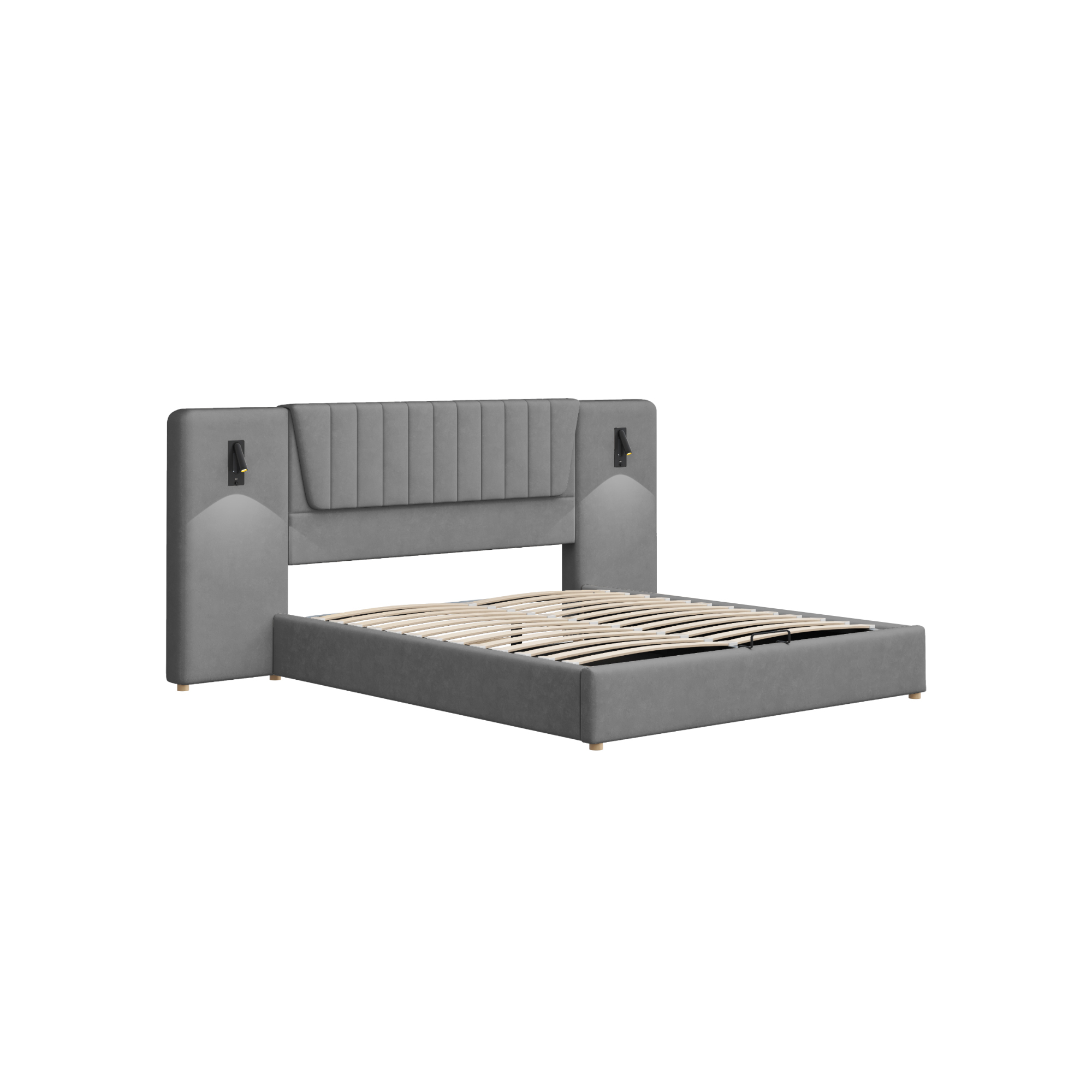 Lit rembourré en velours avec tête extra large, 2 lampes de lecture pivotantes 180° + USB, pour chambre, confort supérieur, recharge au lit, design élégant, style luxueux, stabilité, fonctionnalité - image 9