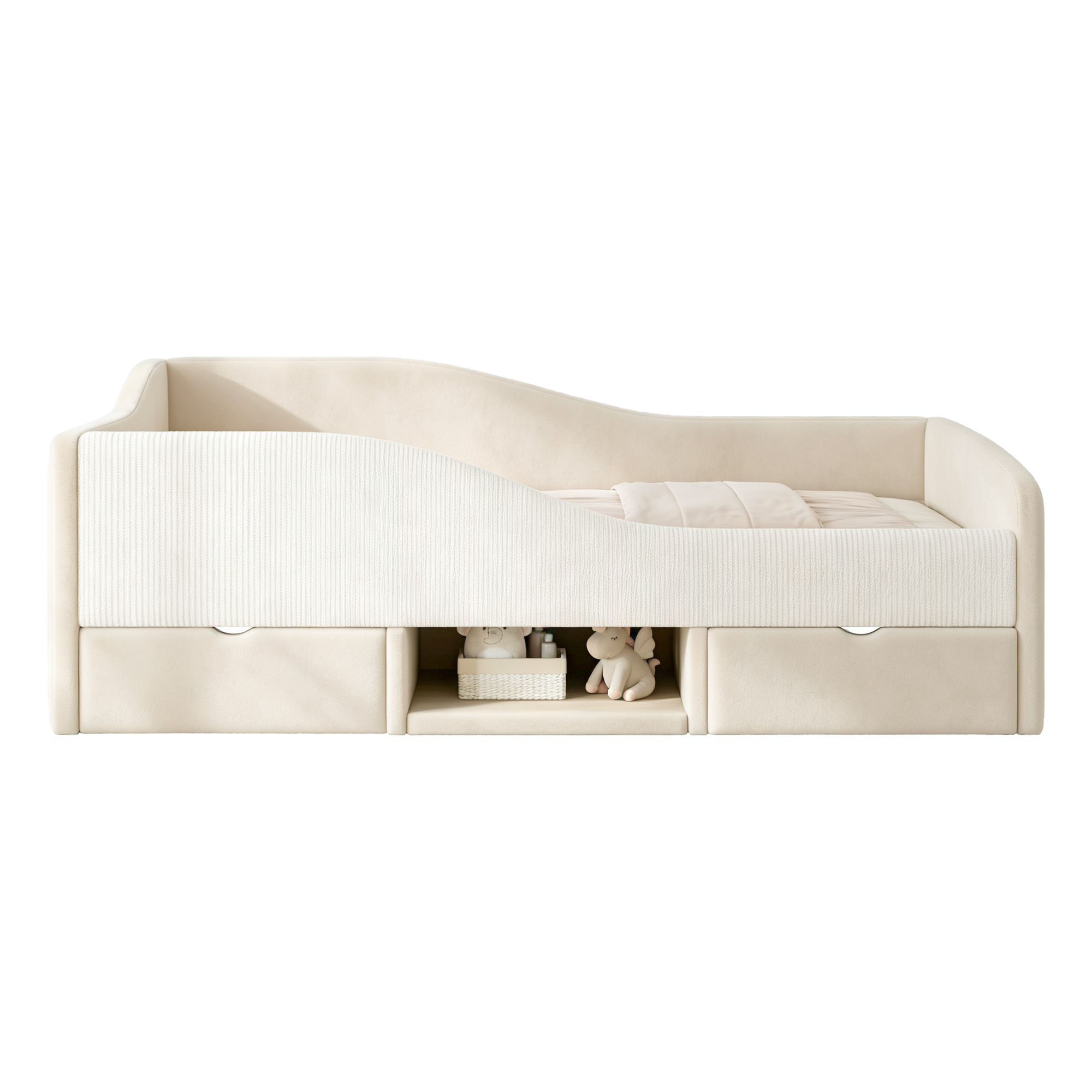 Lit rembourré en velours 90 x 190 cm avec tiroirs et sommier à lattes, Beige, sans matelas