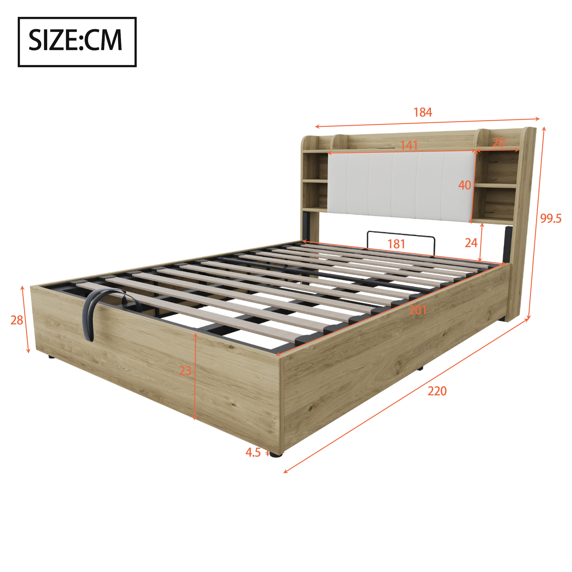 Lit coffre hydraulique 180 x 200 cm avec tête de lit à rangements, prises USB Type-C et structure MDF bois vue détaillée