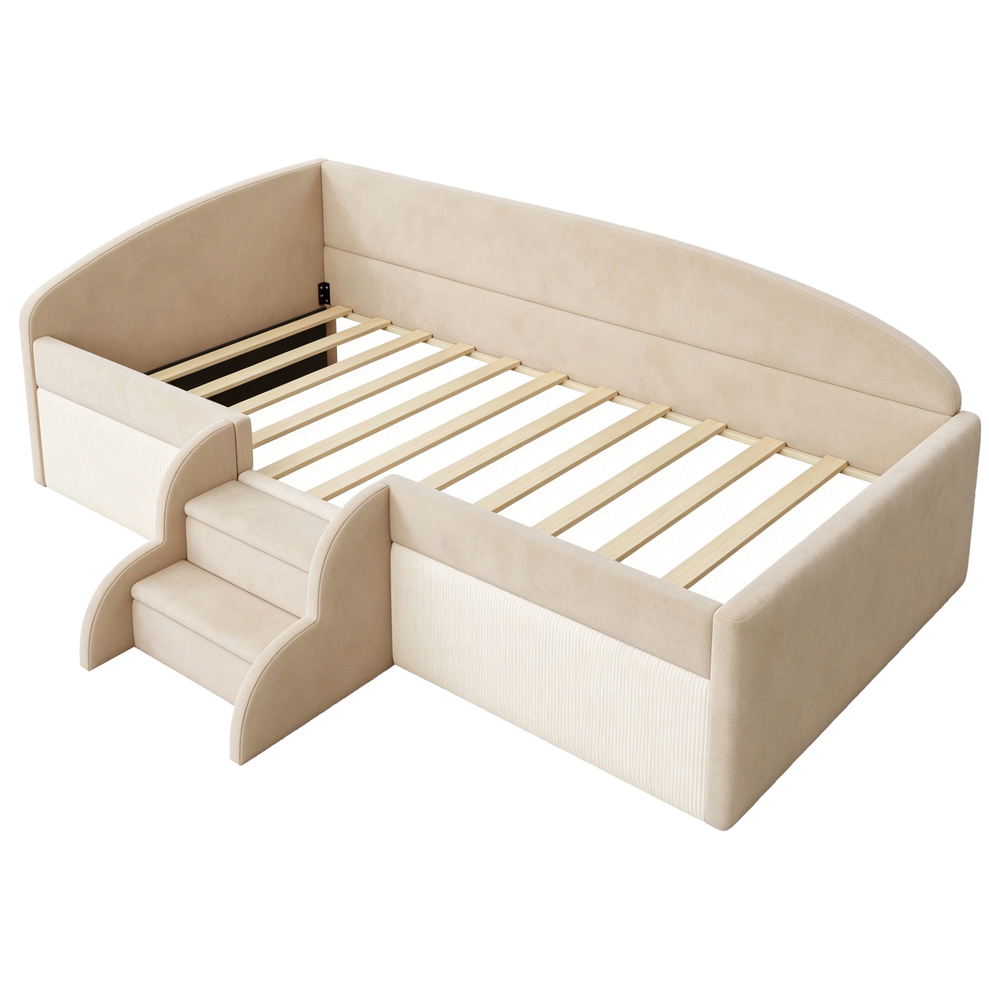 Lit rembourré en velours 90 x 190 cm avec protection rembourrée et sommier à lattes, Beige, sans matelas