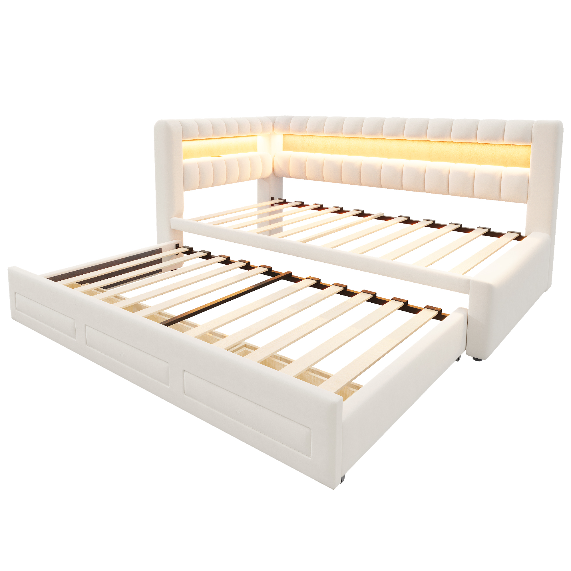 Lit banquette convertible 90x190 cm,en velours,couchage gigogne,éclairage LED,ports USB et Type-C,beige,lit 1 place,lit avec rangement intégré