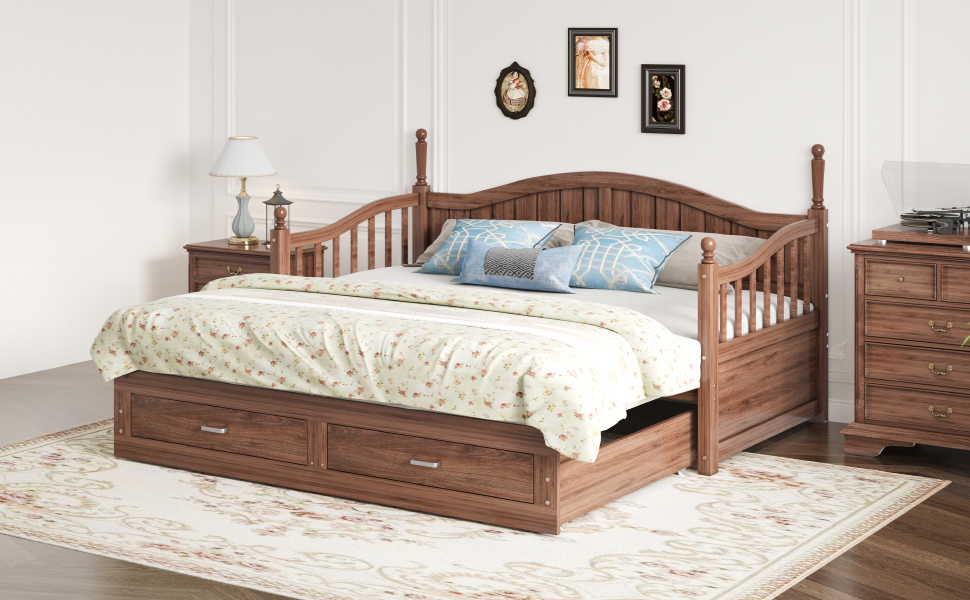 Canapé-lit en bois massif escamotable 90×190→180×190 cm, 2 tiroirs, dossier courbé élégant, accoudoirs arrondis, pour salon et chambre, utilisation polyvalente, beaucoup de rangement, design classique, stabilité, durabilité - image 6