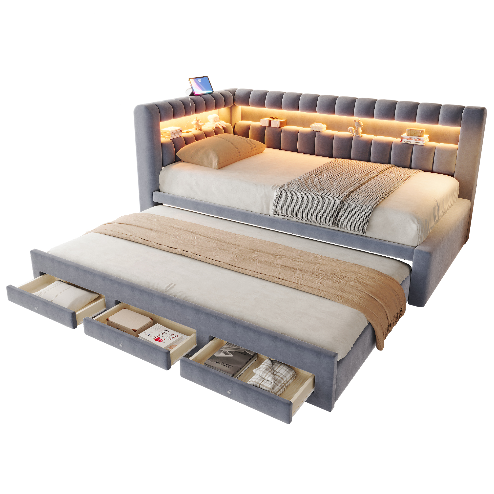 Lit banquette convertible 90x190 cm,en velours,couchage gigogne,éclairage LED,ports USB et Type-C,gris,lit 1 place,lit avec rangement intégré