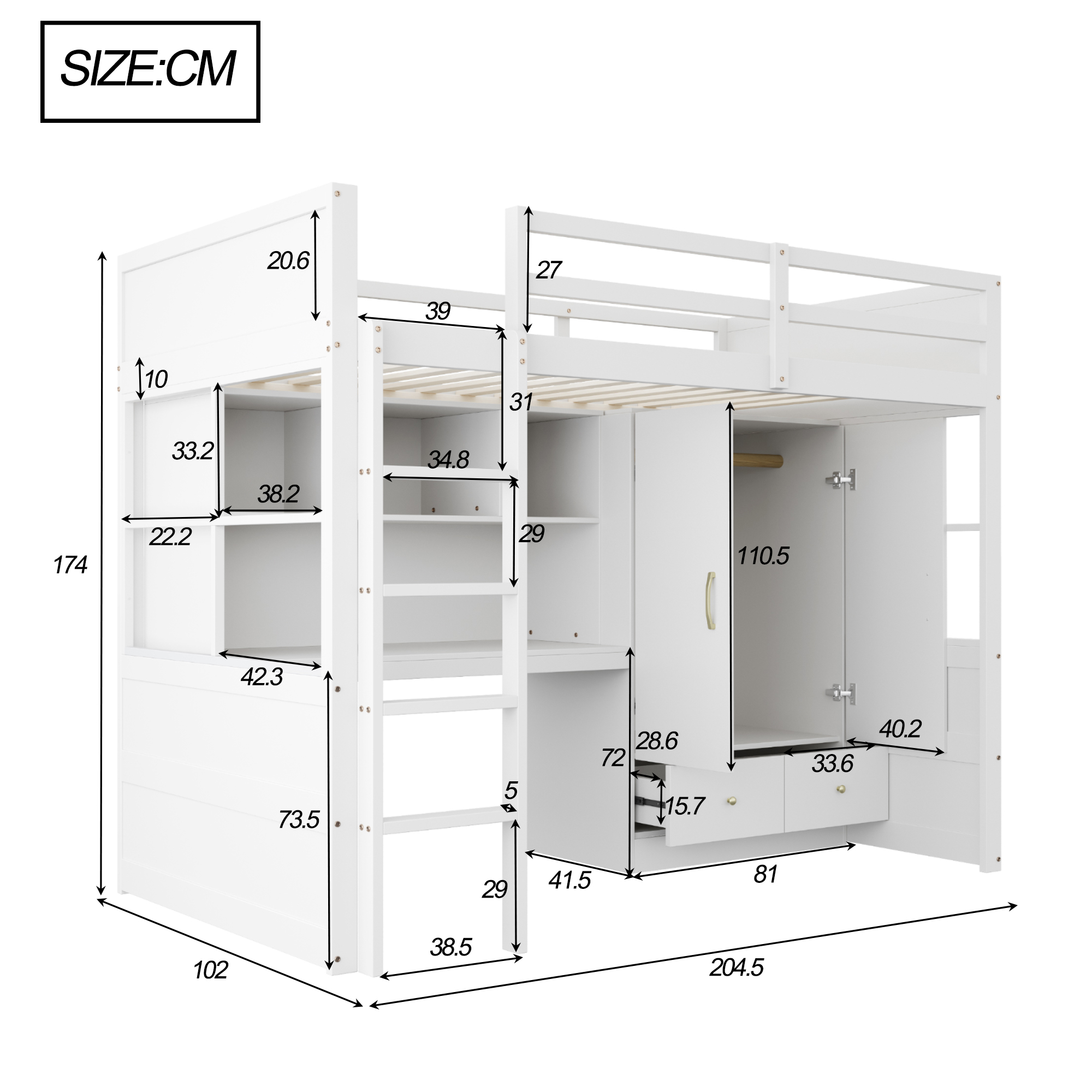 Lit mezzanine 90x200 cm gain de place 204,5x102x174 cm en bois Blanc - présentation 1