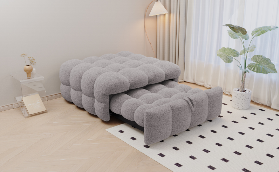 Lit pouf convertible 2-en-1 en tissu bouclé gris, - image 16