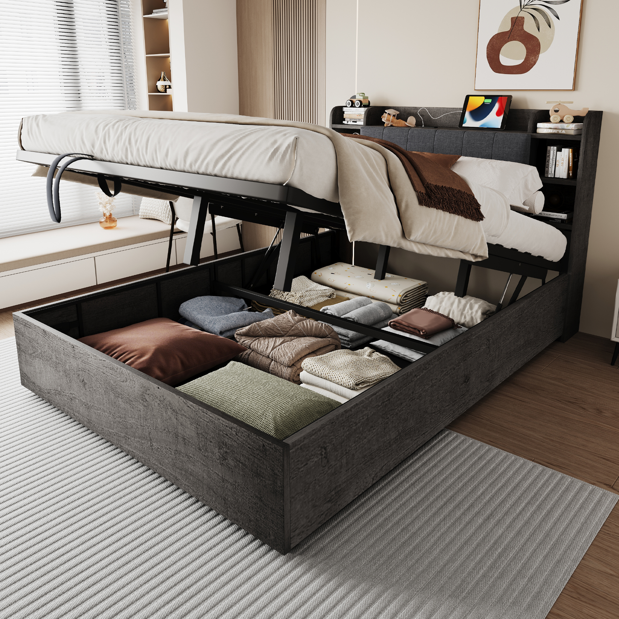 Lit coffre hydraulique 180 x 200 cm avec tête de lit à rangements, prises USB Type-C et structure MDF gris