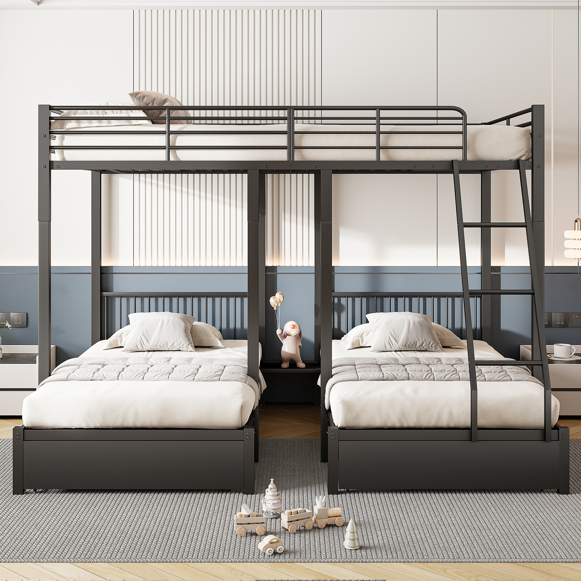Lit triple 140×200 + 2×90×200 cm, 2 tiroirs escamotables, divisible en 3 lits séparés, barrières continues, pour famille et invités, gain de place vertical, stabilité, sécurité, fonctionnalité, durabilité - image 2